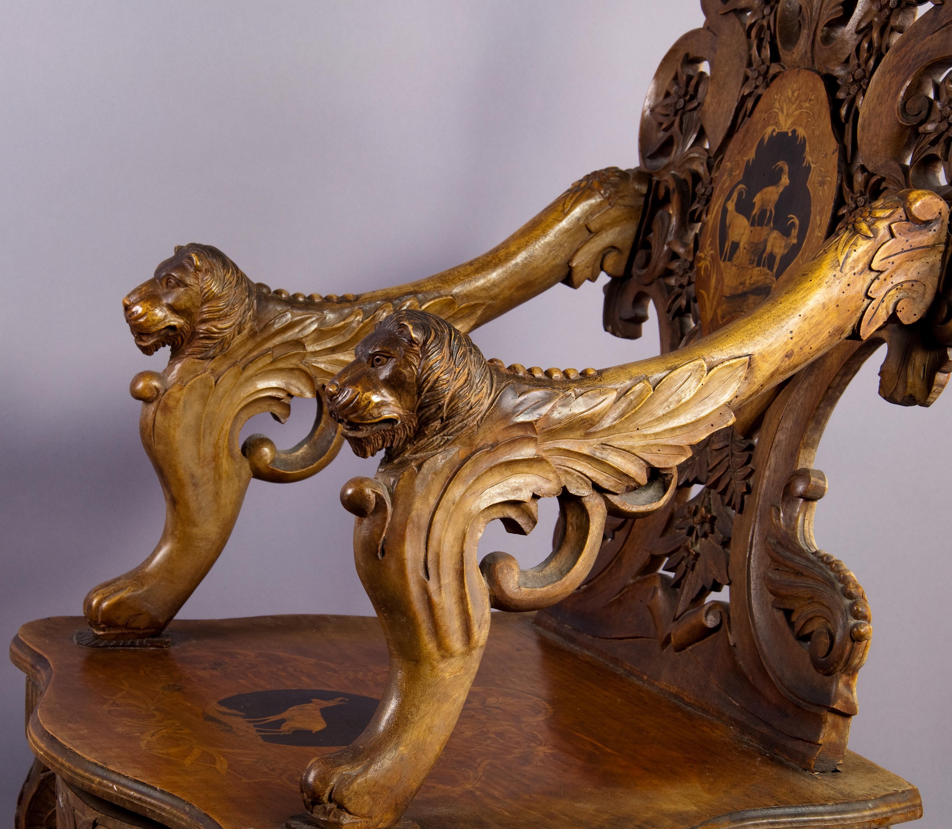 Nutwood Finely Carved and Inlaid Walnut Chair with Musical Work, Swiss 1900