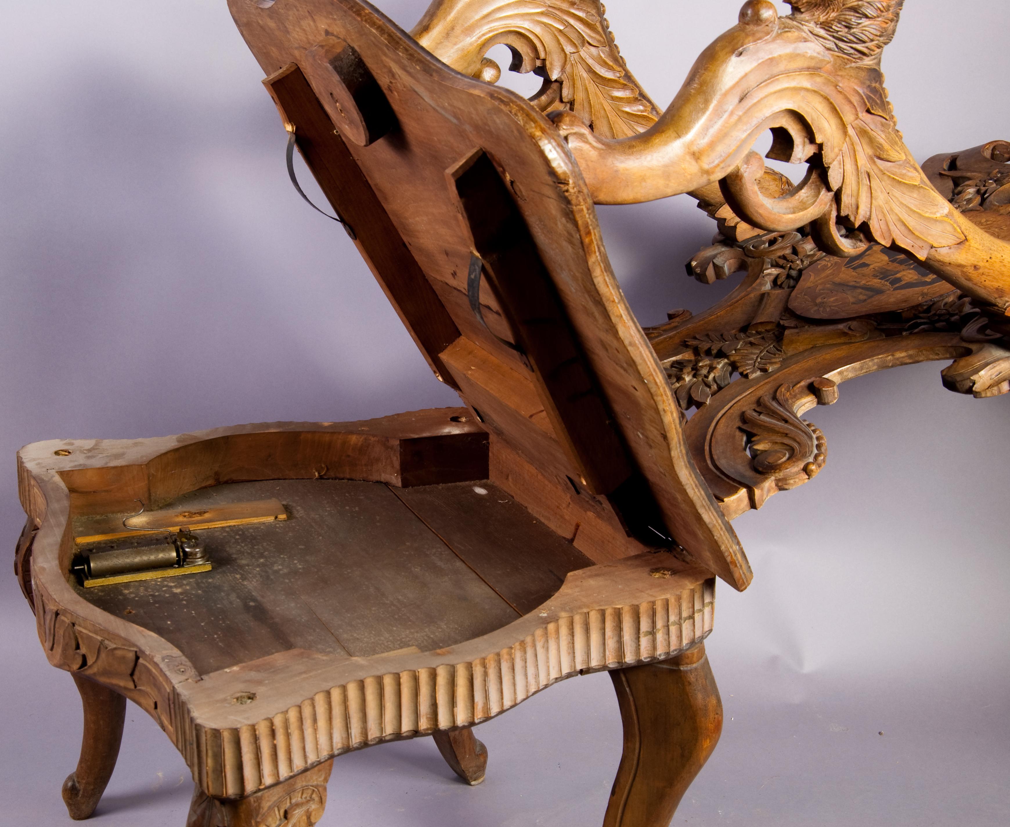 Finely Carved and Inlaid Walnut Chair with Musical Work, Swiss 1900 1