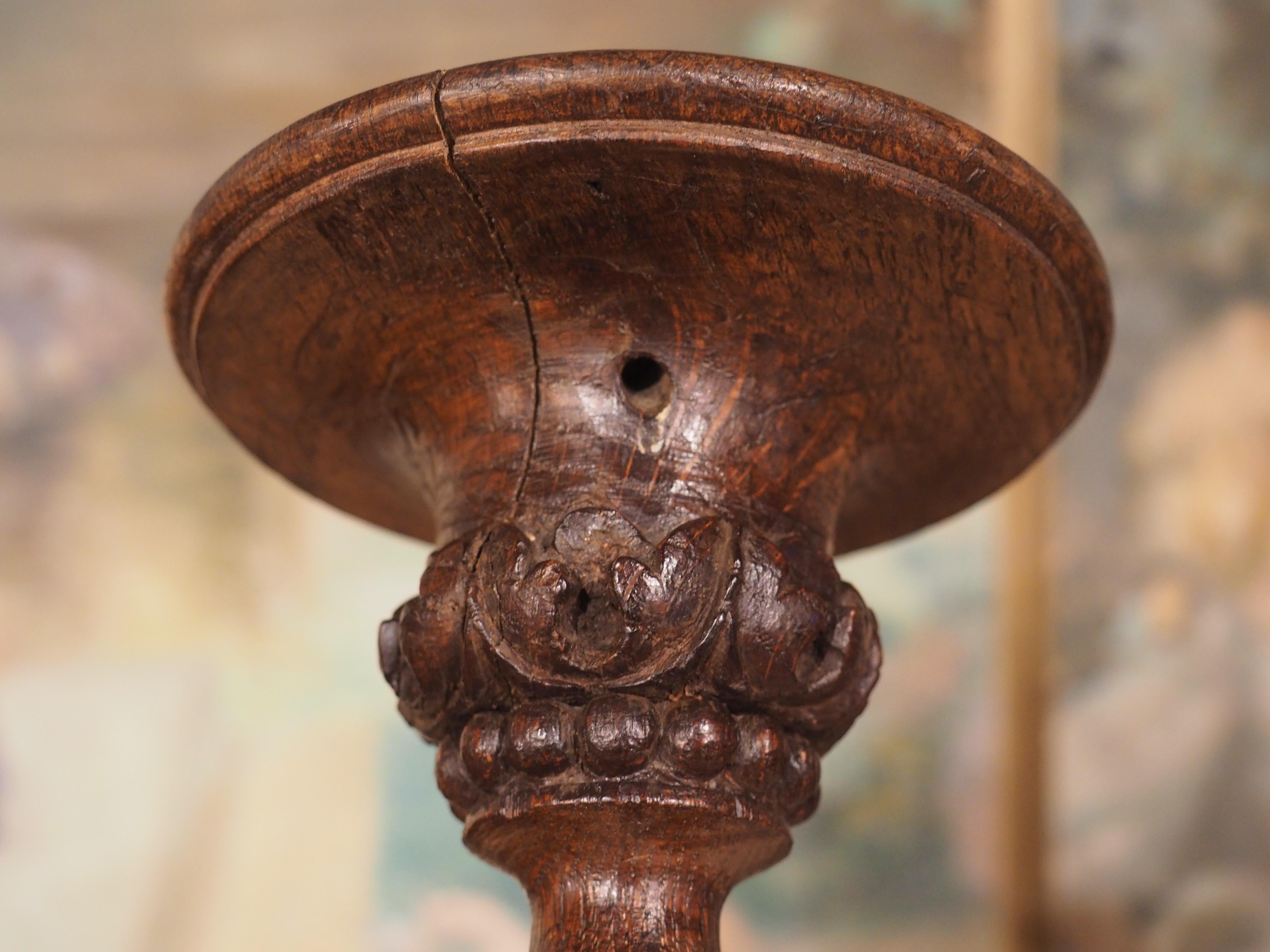 Finely Carved Antique Oak Candlestick from France, Late 18th Century 6