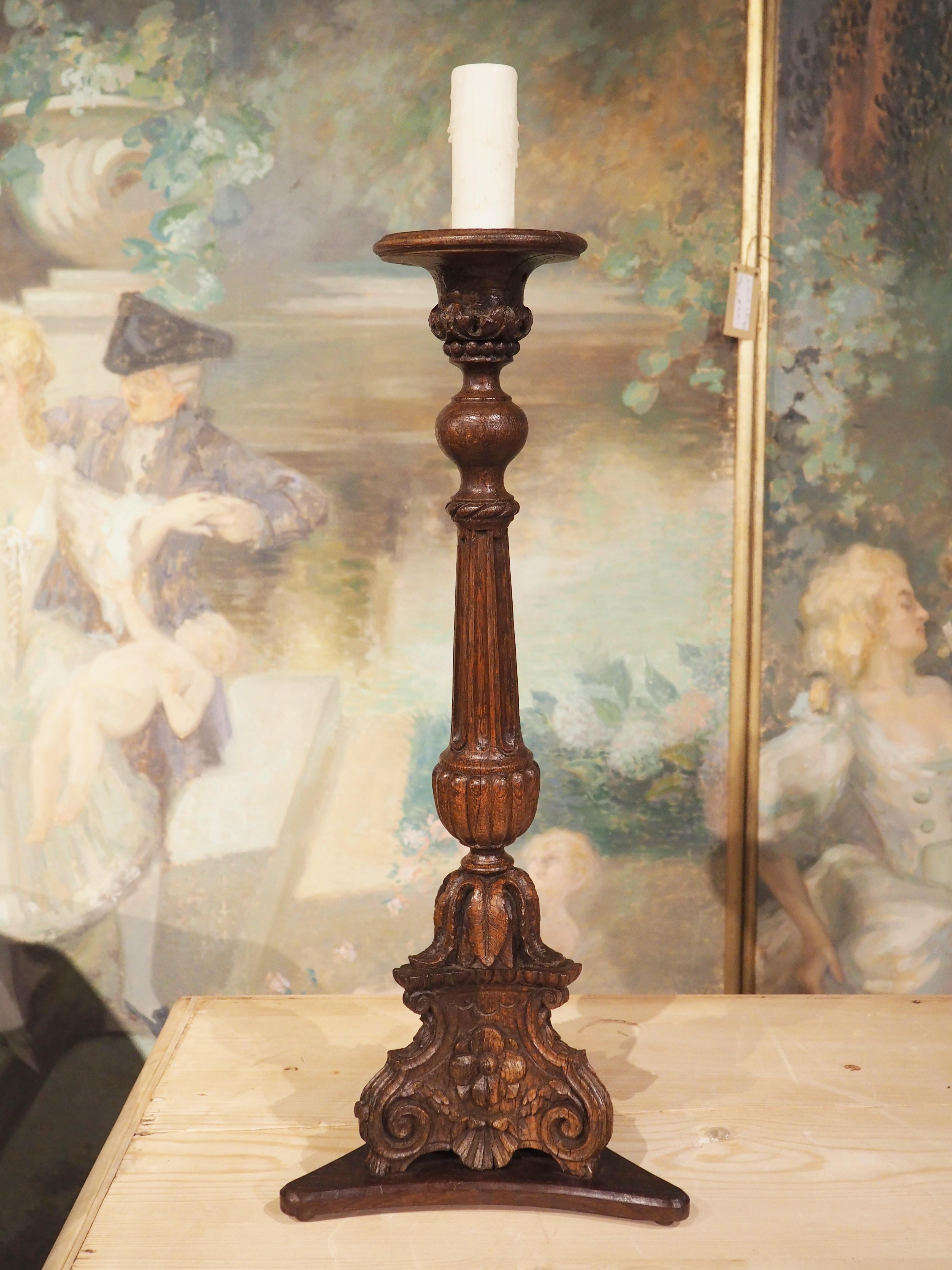 Finely Carved Antique Oak Candlestick from France, Late 18th Century 7
