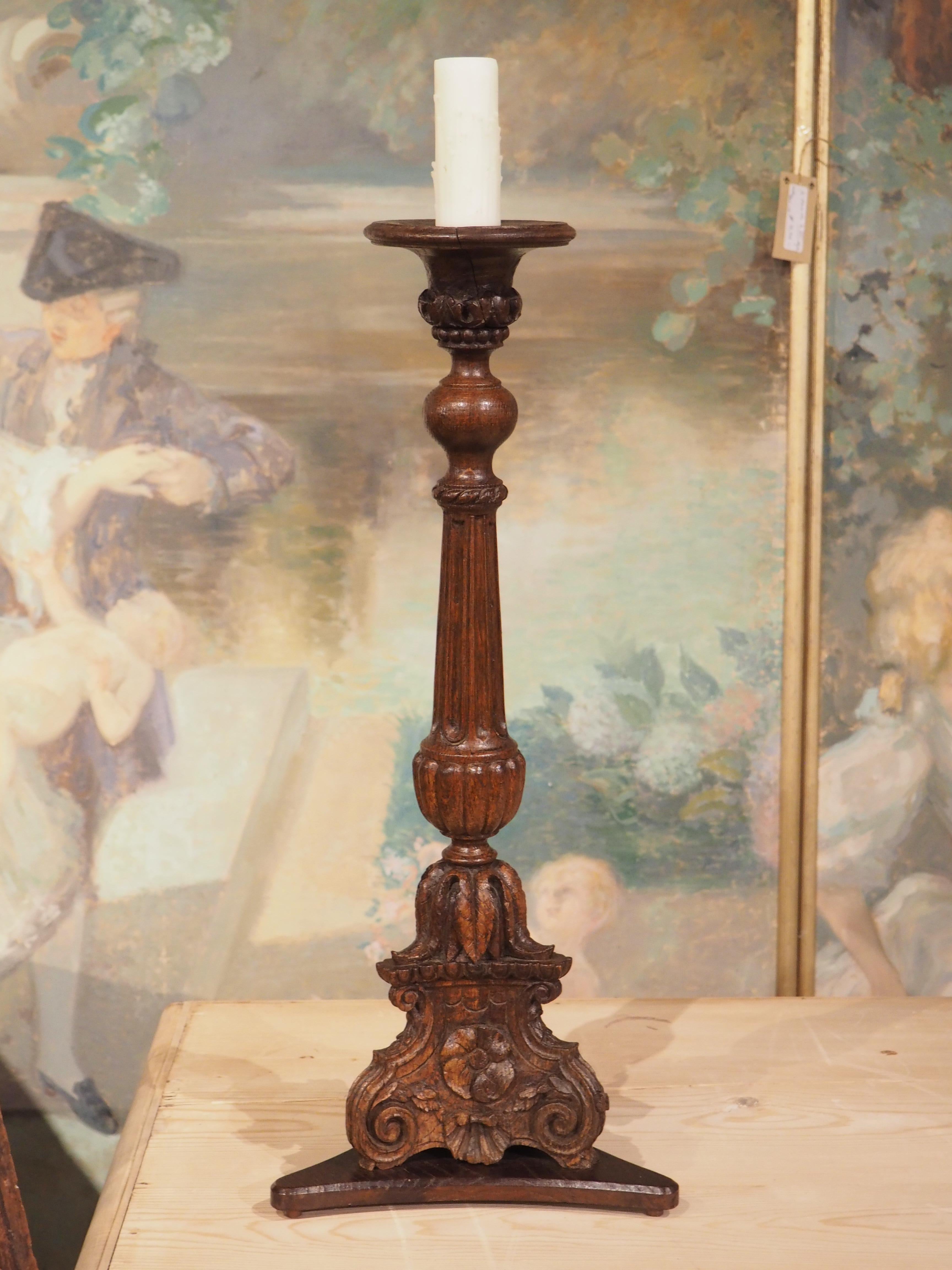 Louis XVI Finely Carved Antique Oak Candlestick from France, Late 18th Century