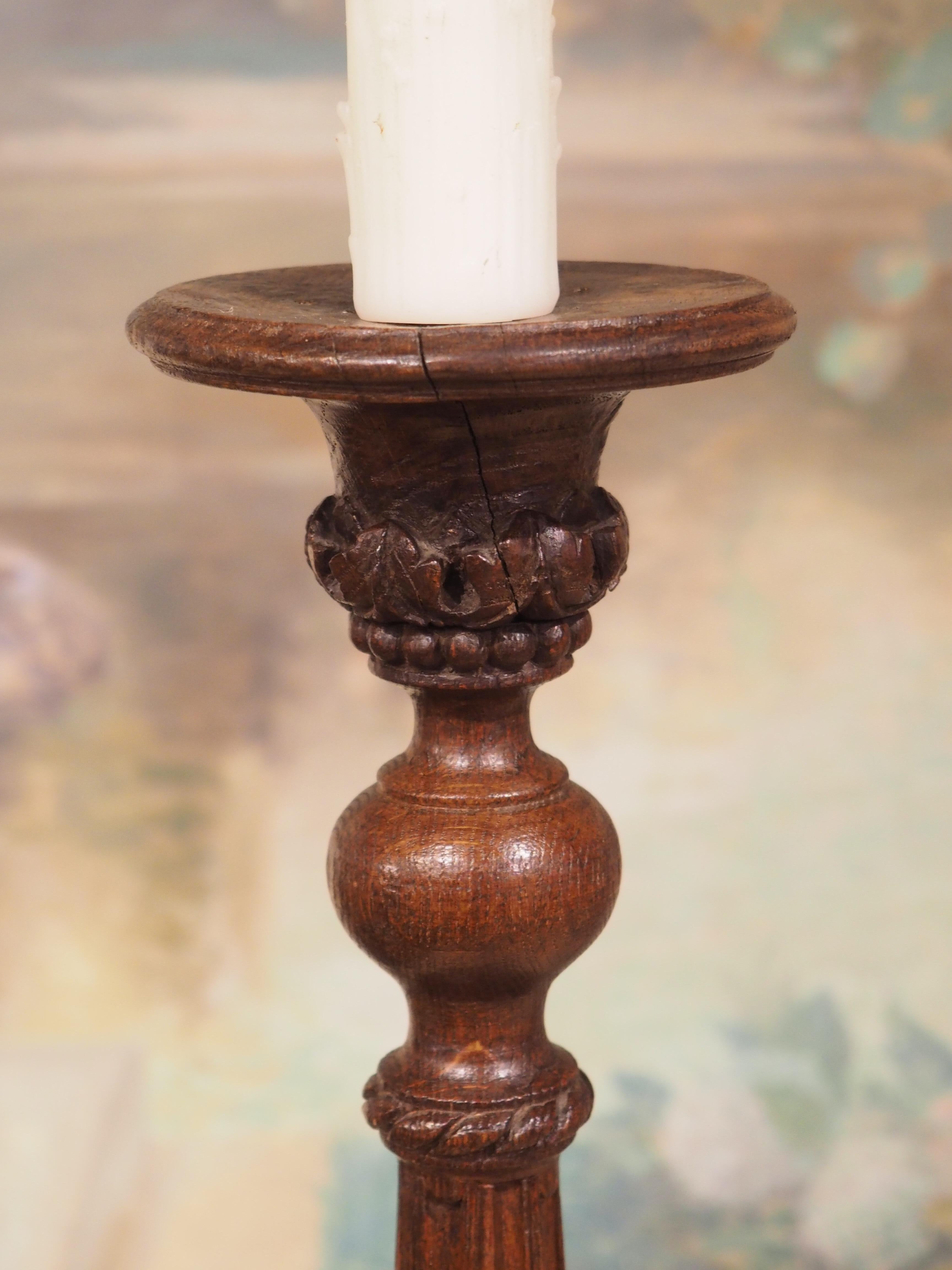 French Finely Carved Antique Oak Candlestick from France, Late 18th Century