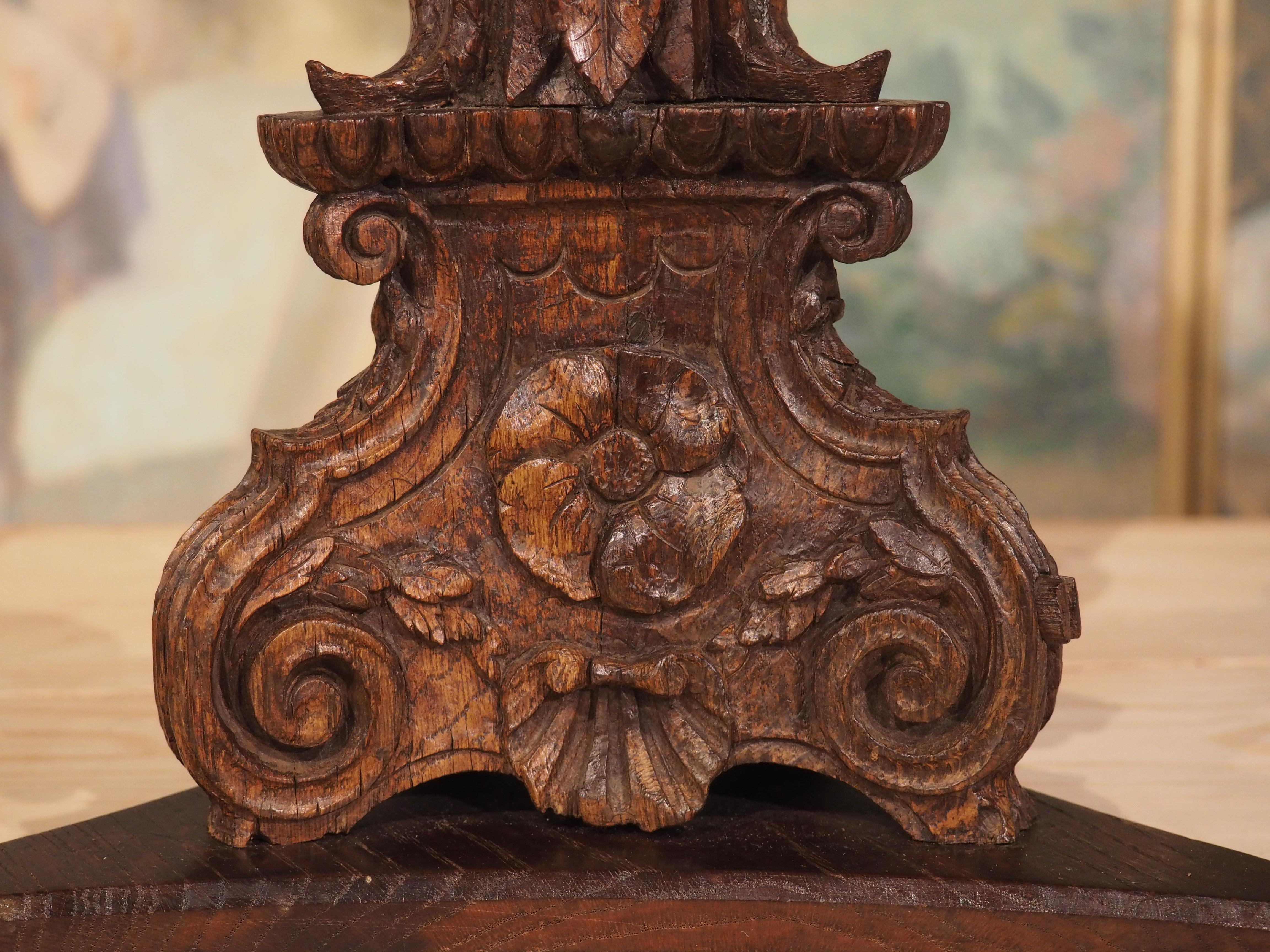 Hand-Carved Finely Carved Antique Oak Candlestick from France, Late 18th Century