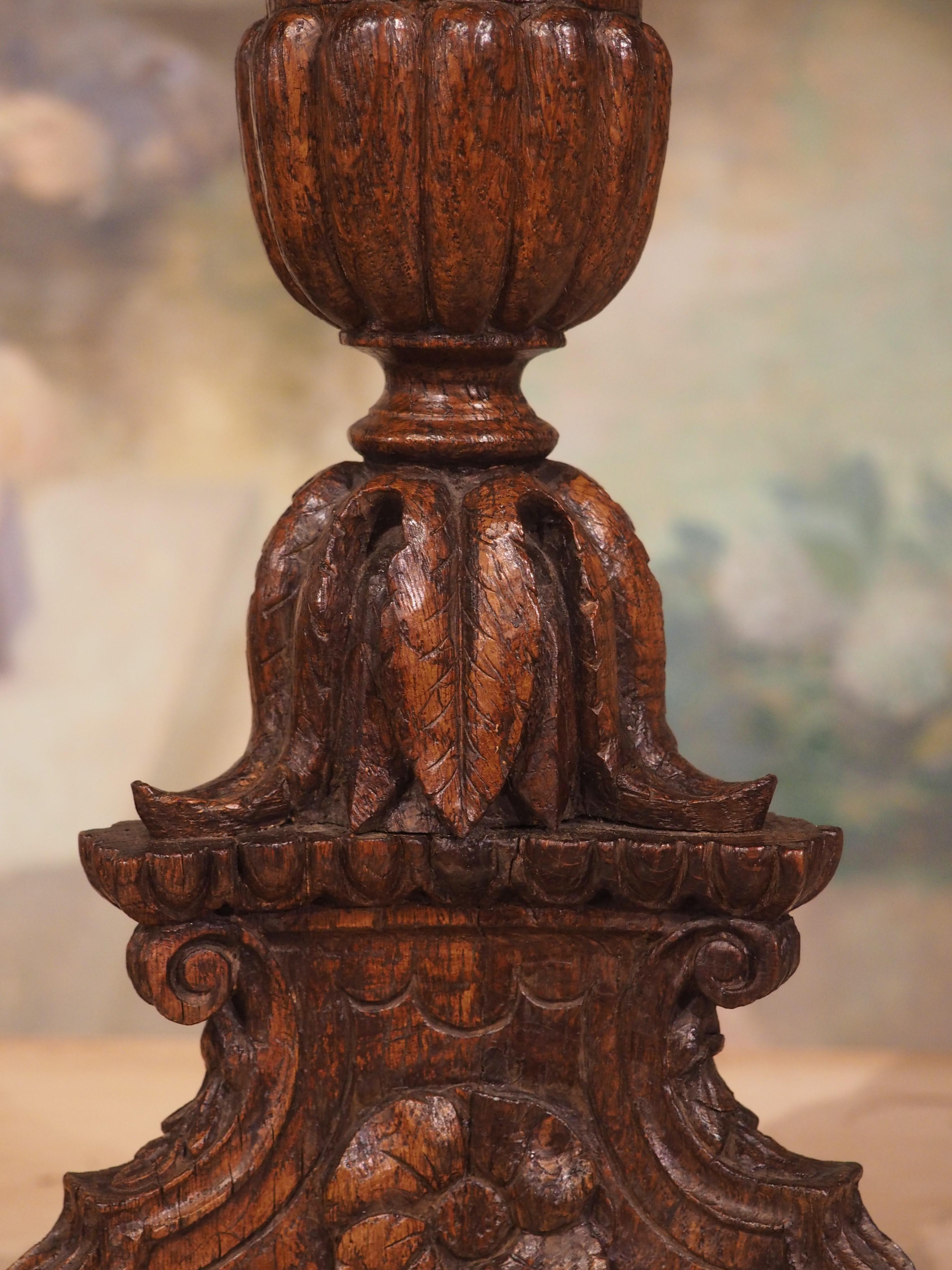 Finely Carved Antique Oak Candlestick from France, Late 18th Century In Good Condition In Dallas, TX