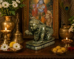 Finely Carved Baby Krishna Statue of Gemstone Serpentine