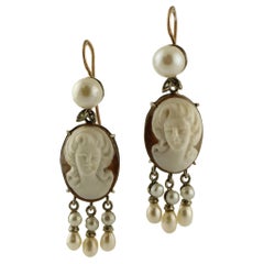Finely Carved Cameo, Pearls Diamonds 9 Karat Rose Gold and Silver Retro Earrings