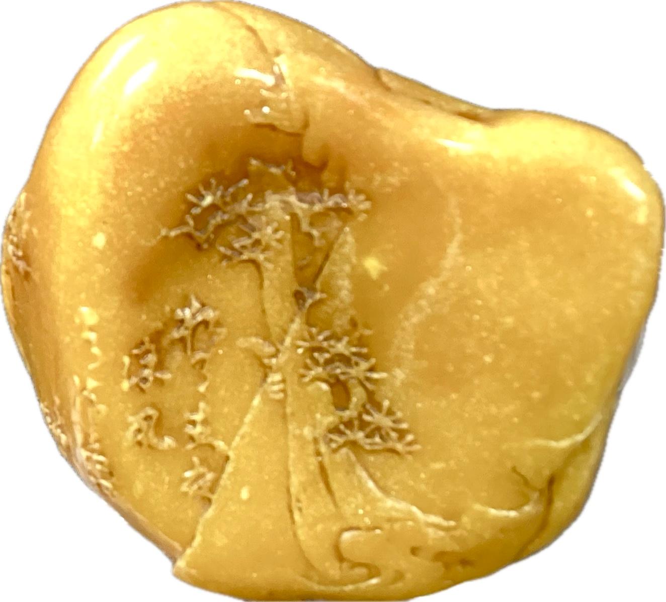 Pierre à savon du 19e siècle, finement sculptée et de couleur moutarde. Elle présente des personnages asiatiques complexes au milieu d'un paysage d'arbres et de montagnes. La riche teinte jaune moutarde de la pierre renforce la chaleur et l'éclat de