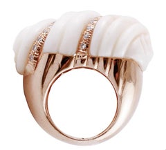 Finely Carved Coral, Diamonds, Rose Gold Wave Ring