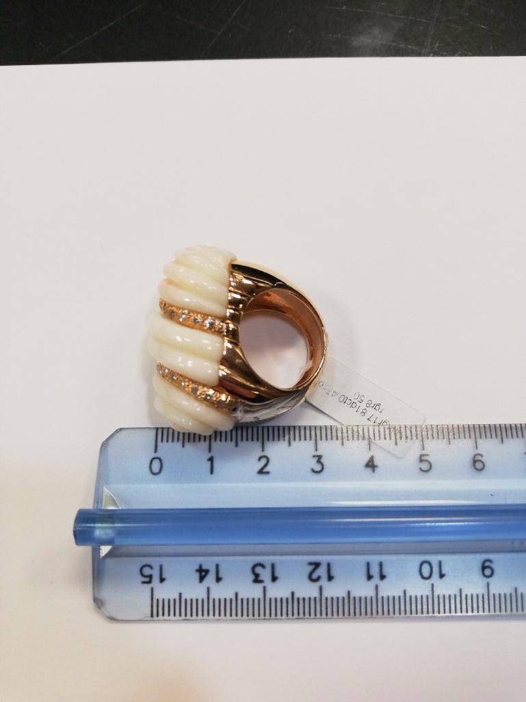 Finely Carved Coral, Diamonds, Rose Gold Wave Ring For Sale 2