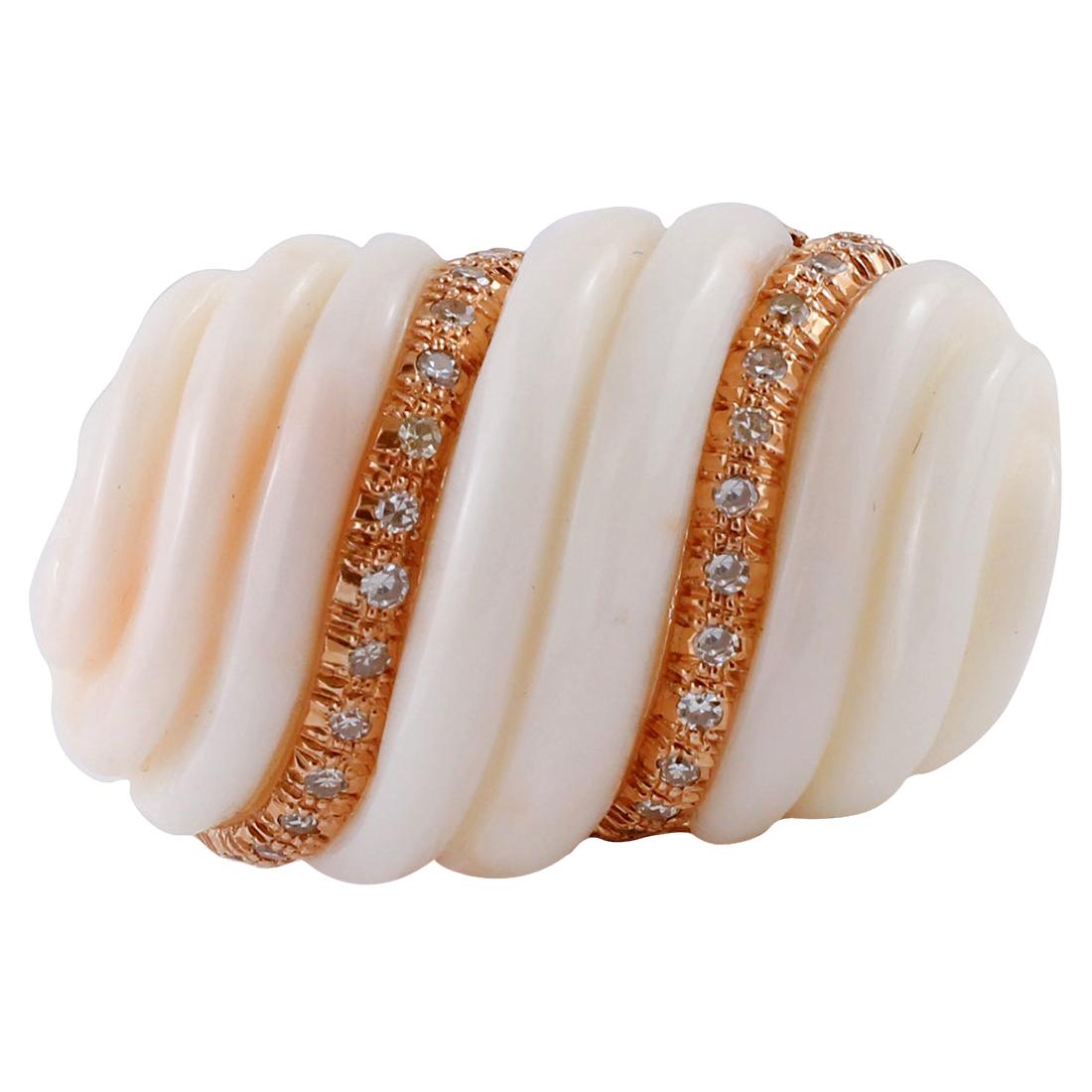 Finely Carved Coral, Diamonds, Rose Gold Wave Ring