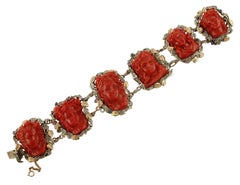 Engraved Faces on Red Coral, Diamonds, Rubies, Sapphires, Gold/Silver  Bracelet