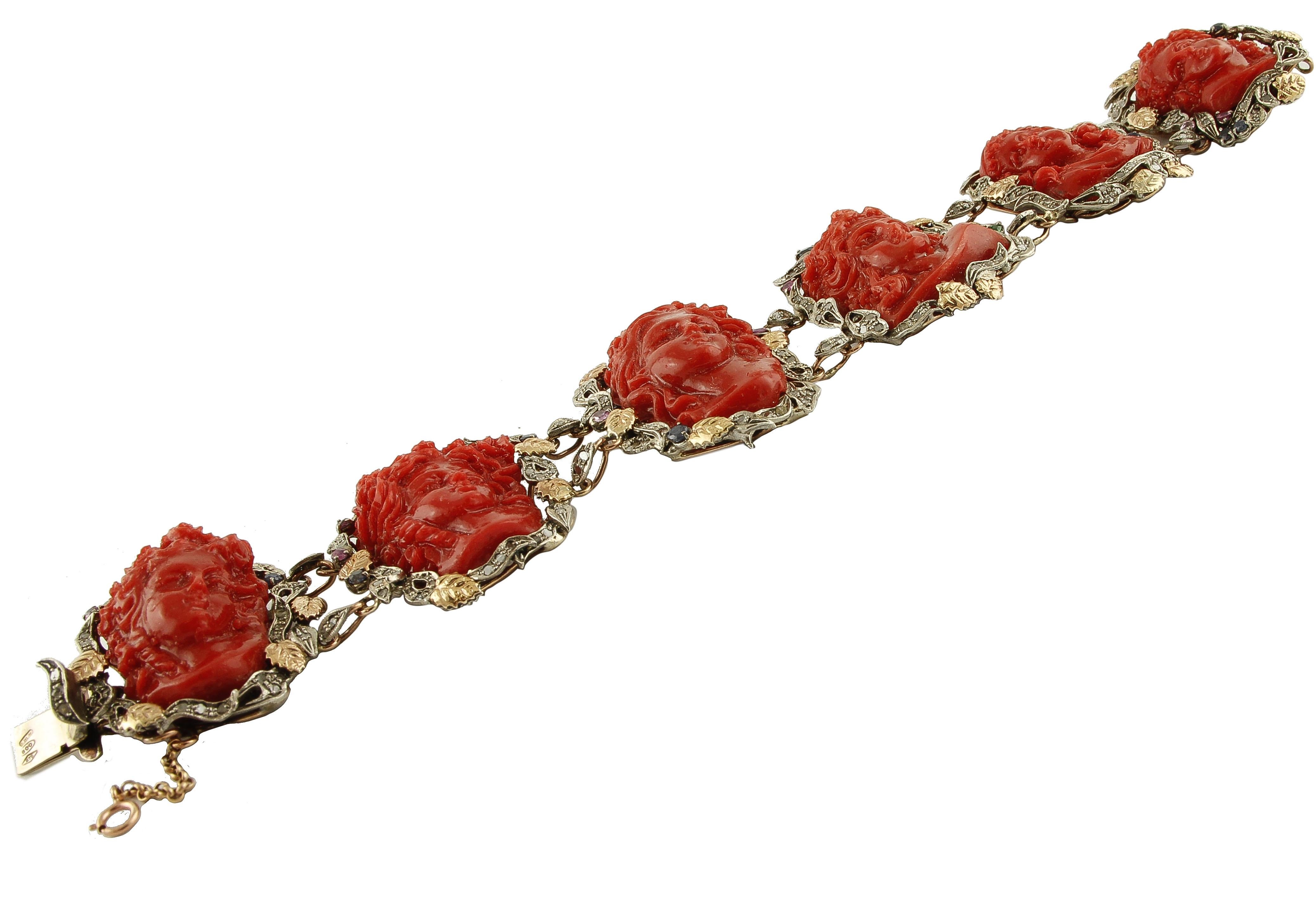 Retro Engraved Faces on Red Coral, Diamonds, Rubies, Sapphires, Gold/Silver  Bracelet For Sale