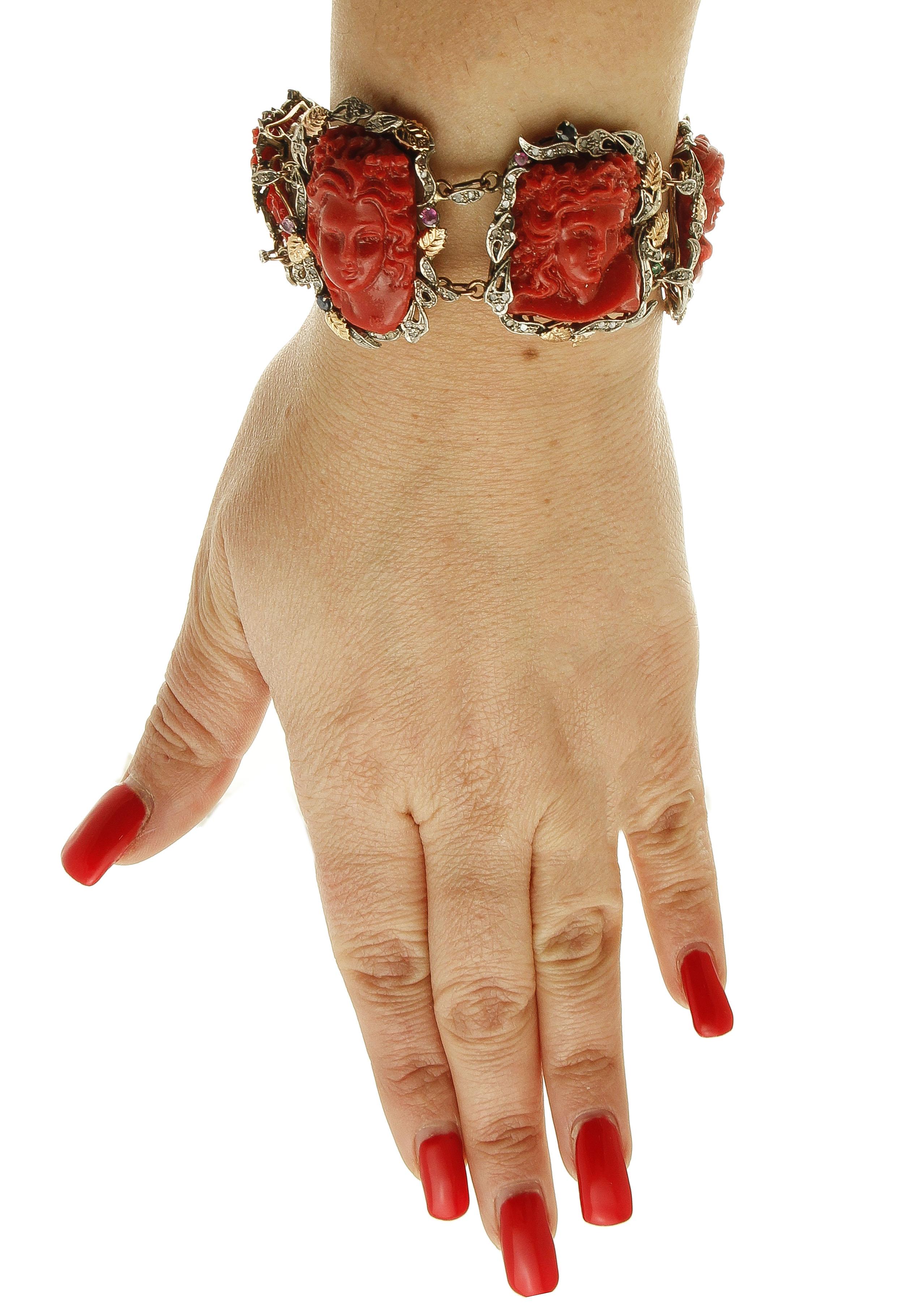 Rose Cut Engraved Faces on Red Coral, Diamonds, Rubies, Sapphires, Gold/Silver  Bracelet For Sale