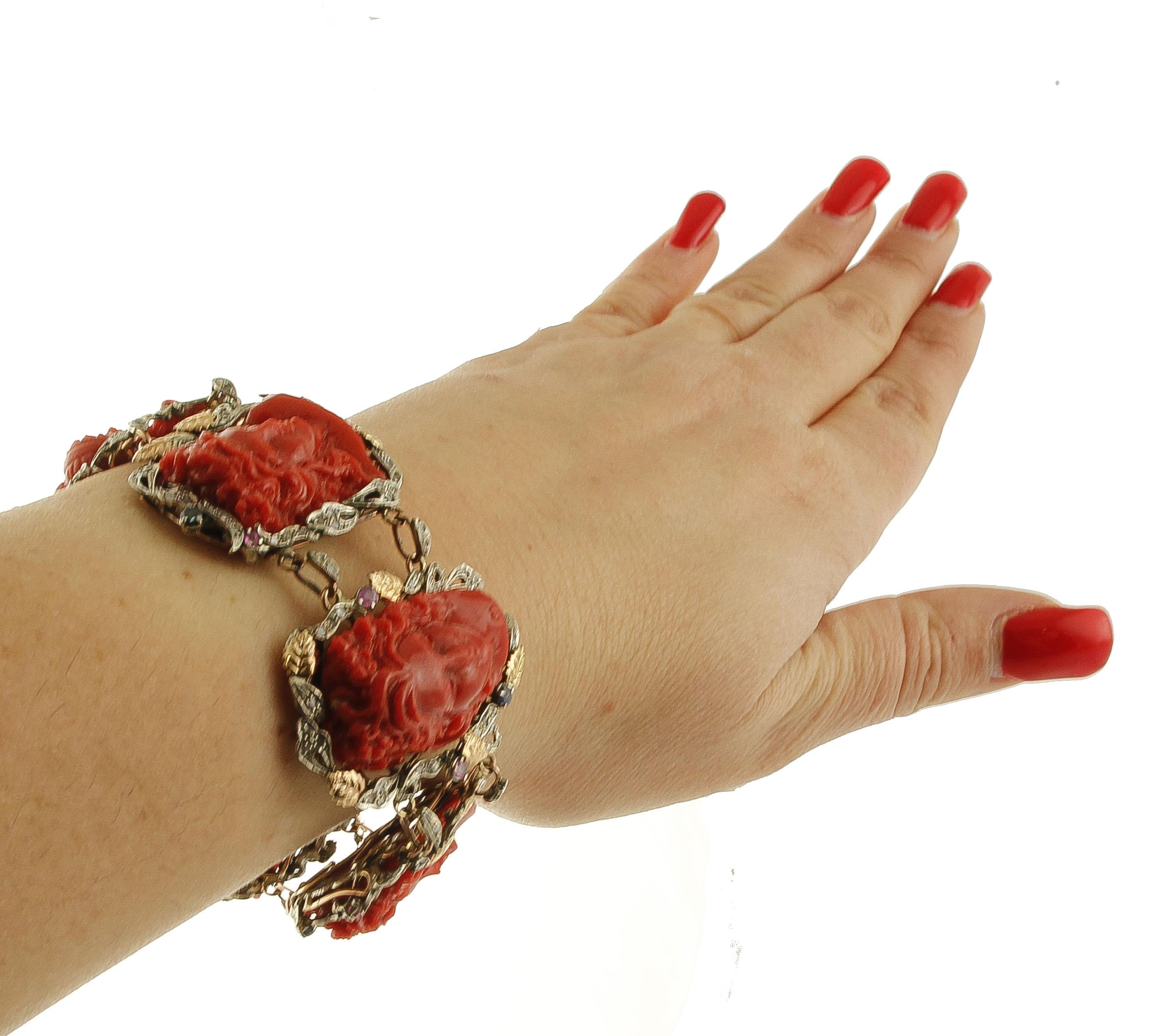 Women's Engraved Faces on Red Coral, Diamonds, Rubies, Sapphires, Gold/Silver  Bracelet For Sale