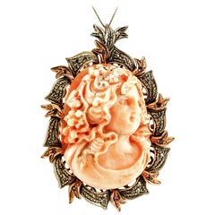 Finely Carved Coral, Rubies, Diamonds, 9 Karat Gold and Silver Pendant or Brooch