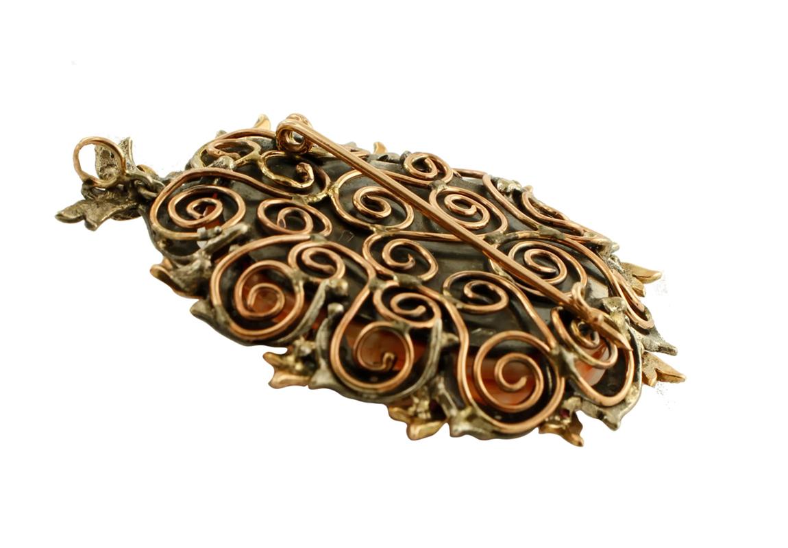Retro Finely Carved Coral, Rubies, Diamonds, 9 Karat Gold and Silver Pendant or Brooch For Sale