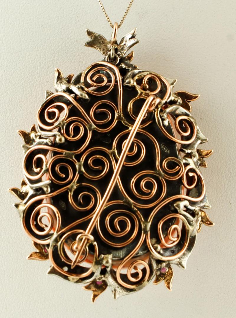 Round Cut Finely Carved Coral, Rubies, Diamonds, 9 Karat Gold and Silver Pendant or Brooch For Sale