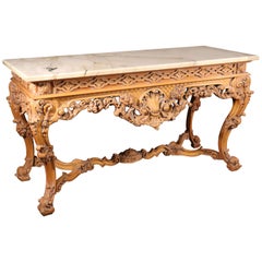 Finely Carved French Louis XV Marble-Top Console Sofa Table, circa 1950