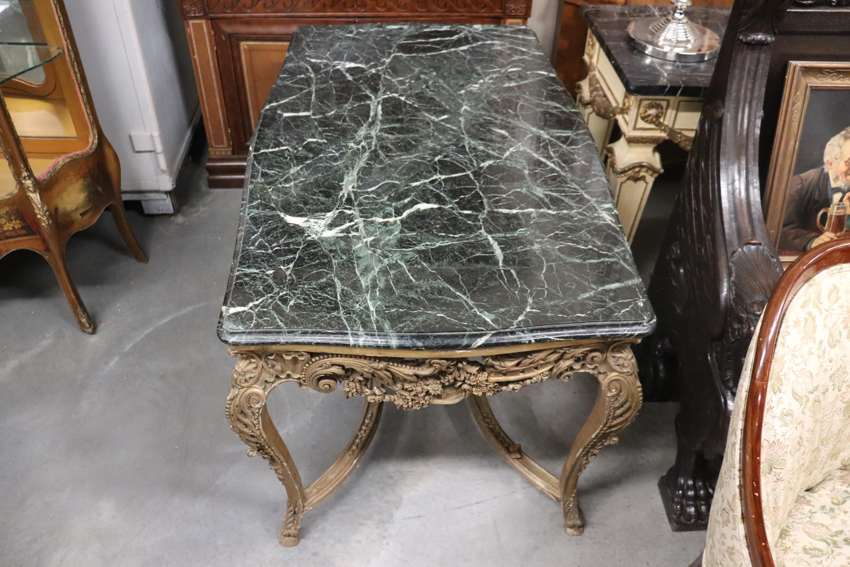 Finely Carved Gilded French Verdi Green Marble Louis XV Center Table circa 1890s In Good Condition For Sale In Swedesboro, NJ