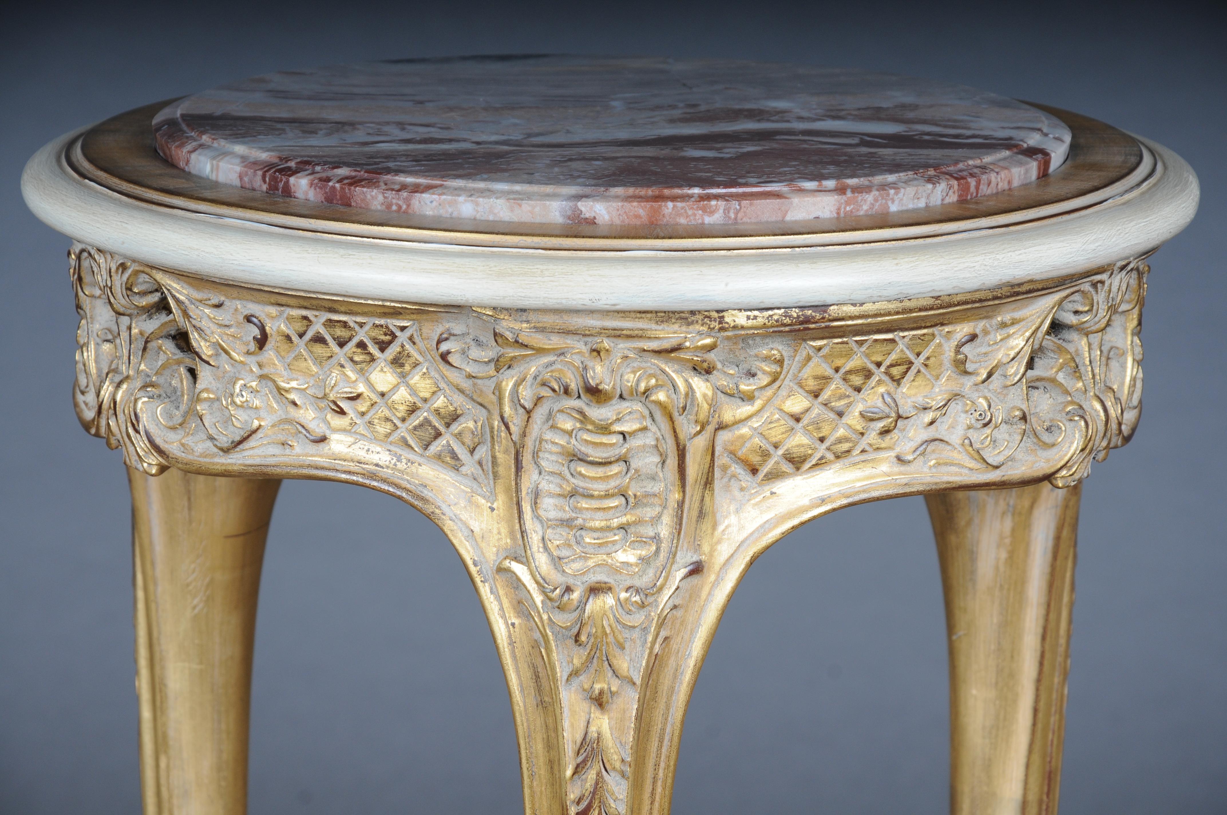 20th Century Finely carved gold side table with marble top, Louis XV white/gold For Sale