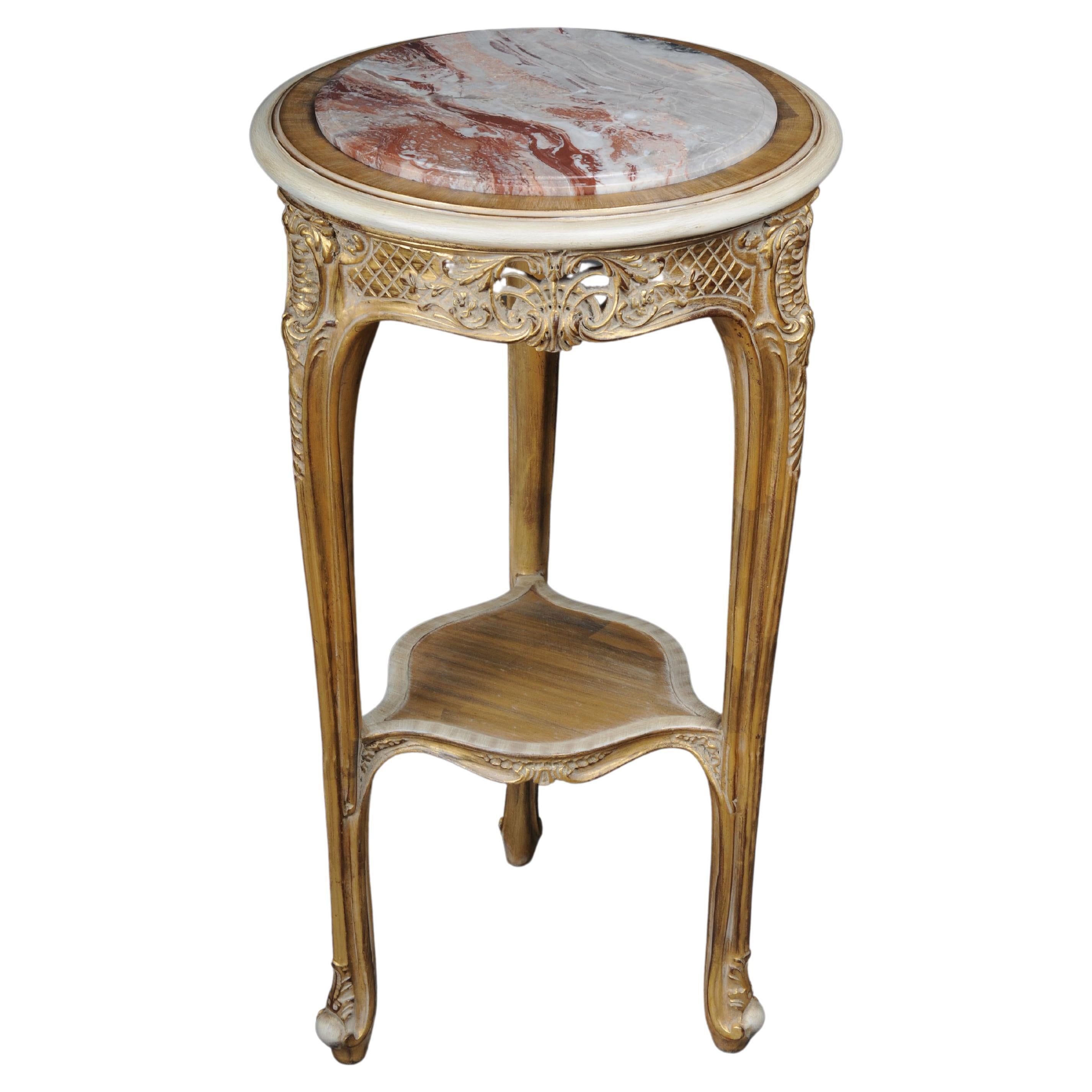 Finely carved gold side table with marble top, Louis XV white/gold For Sale