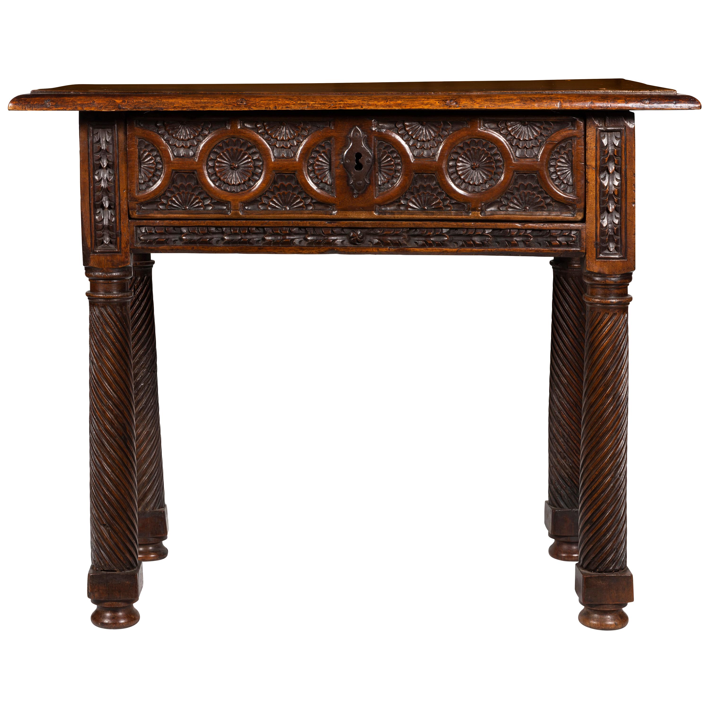 A Finely Carved Late 17th Early 18th Century Walnut Portuguese Side Table For Sale