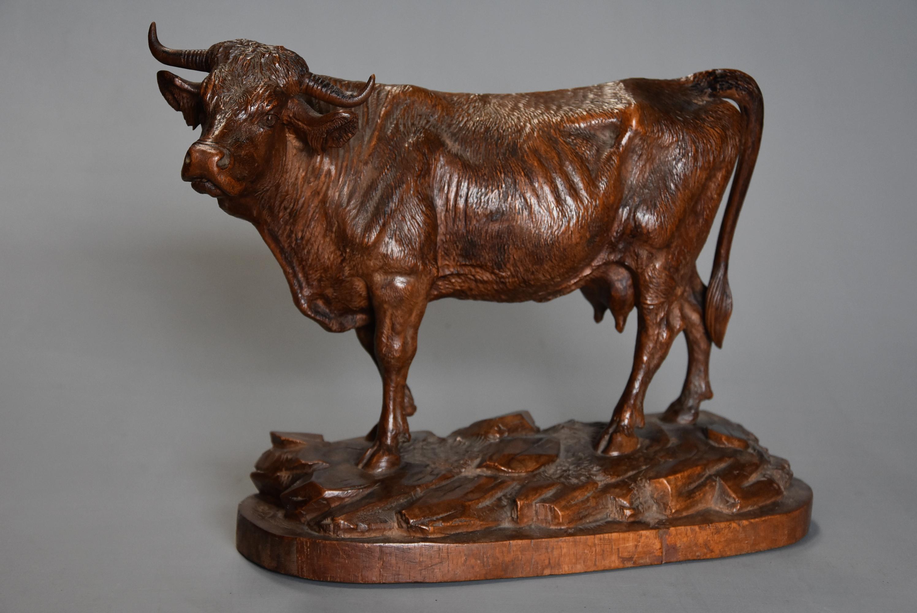 A finely carved late 19th century linden wood Black Forest cow, possibly by The Huggler family, Switzerland.

This superbly carved and realistic figure is depicted standing calmly on a naturalistic carved base, the representation of the face and