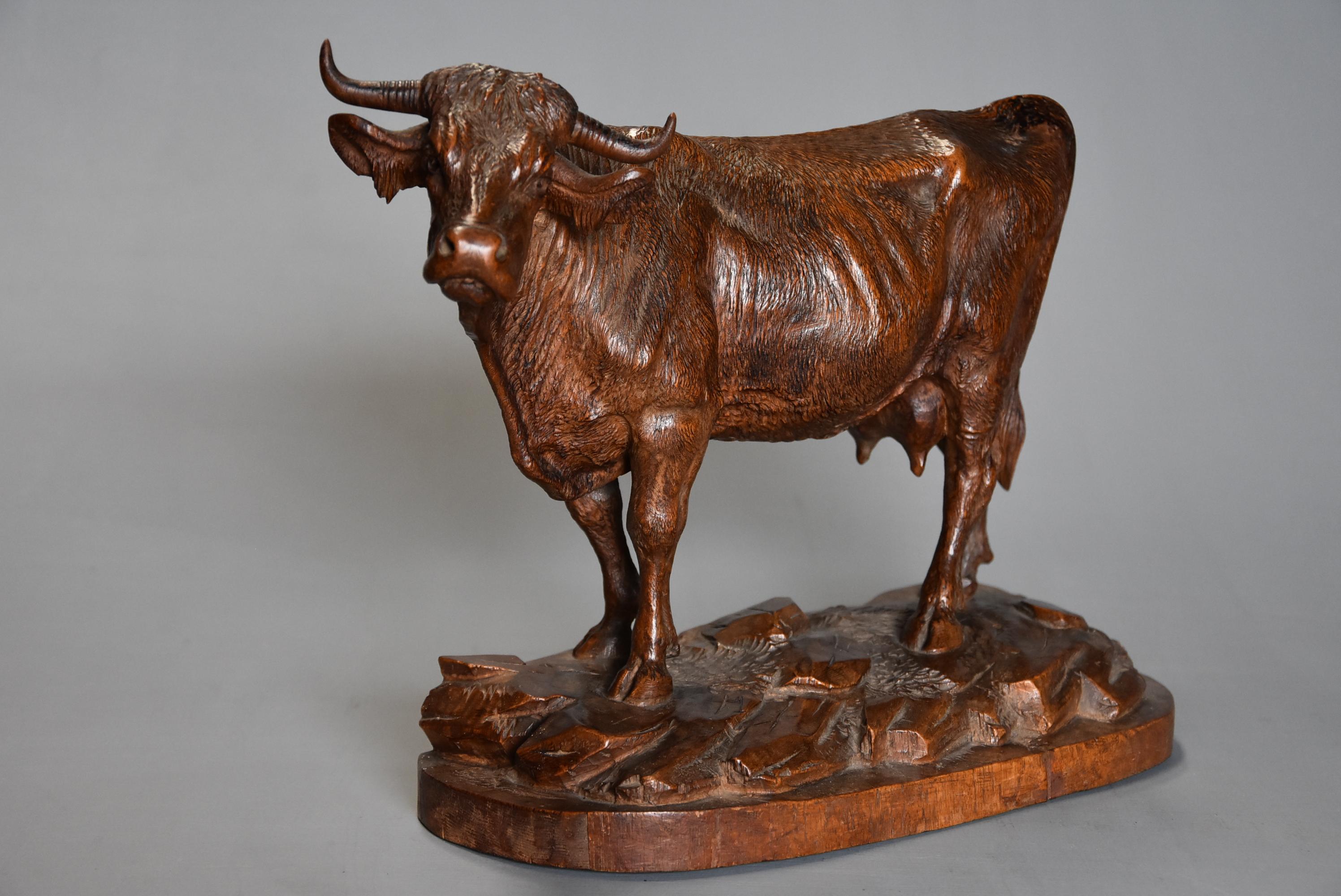 Swiss Finely Carved Late 19th Century Linden Wood Black Forest Cow, Possibly Huggler  For Sale