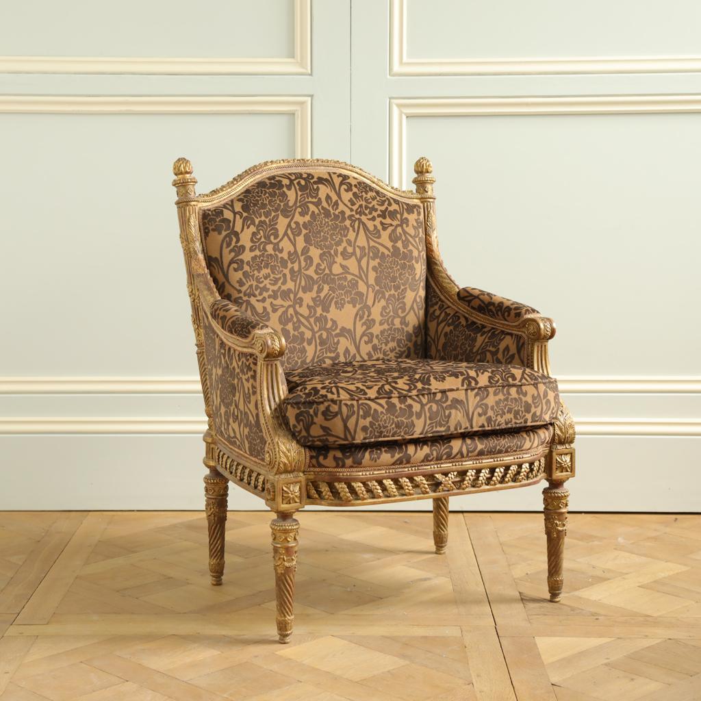 British Finely Carved Louis XVI Style Giltwood Armchair For Sale