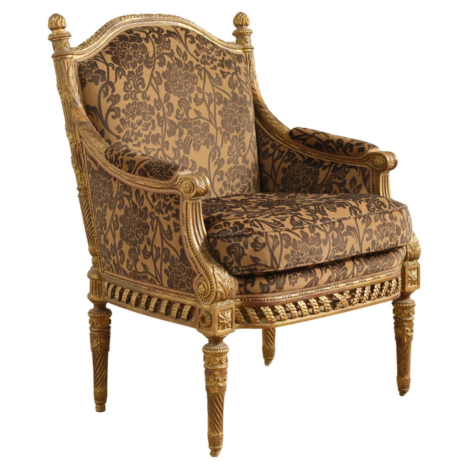 Finely Carved Louis XVI Style Giltwood Armchair