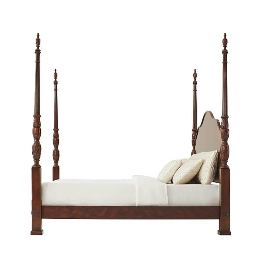 Chippendale Finely Carved Mahogany Four Post King Size Bed