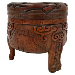 Finely Carved Old Chinese Bamboo Censer with Lid