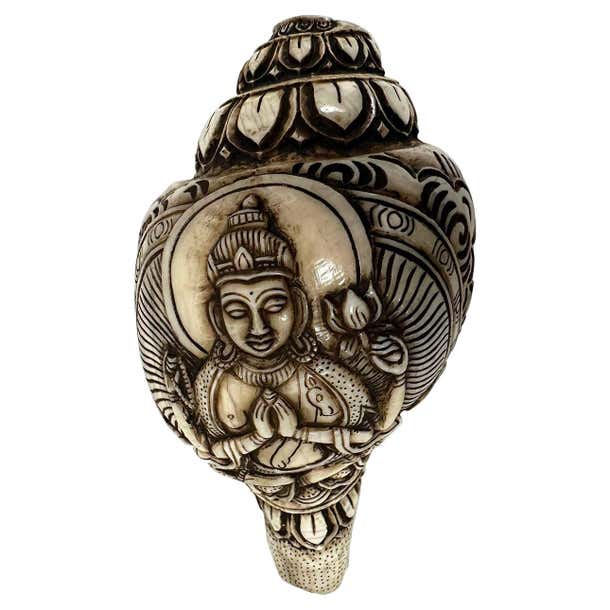 Religious Conch Shell Finely Carved Old Tibetan Buddhist Conch Shell For Sale at 1stDibs