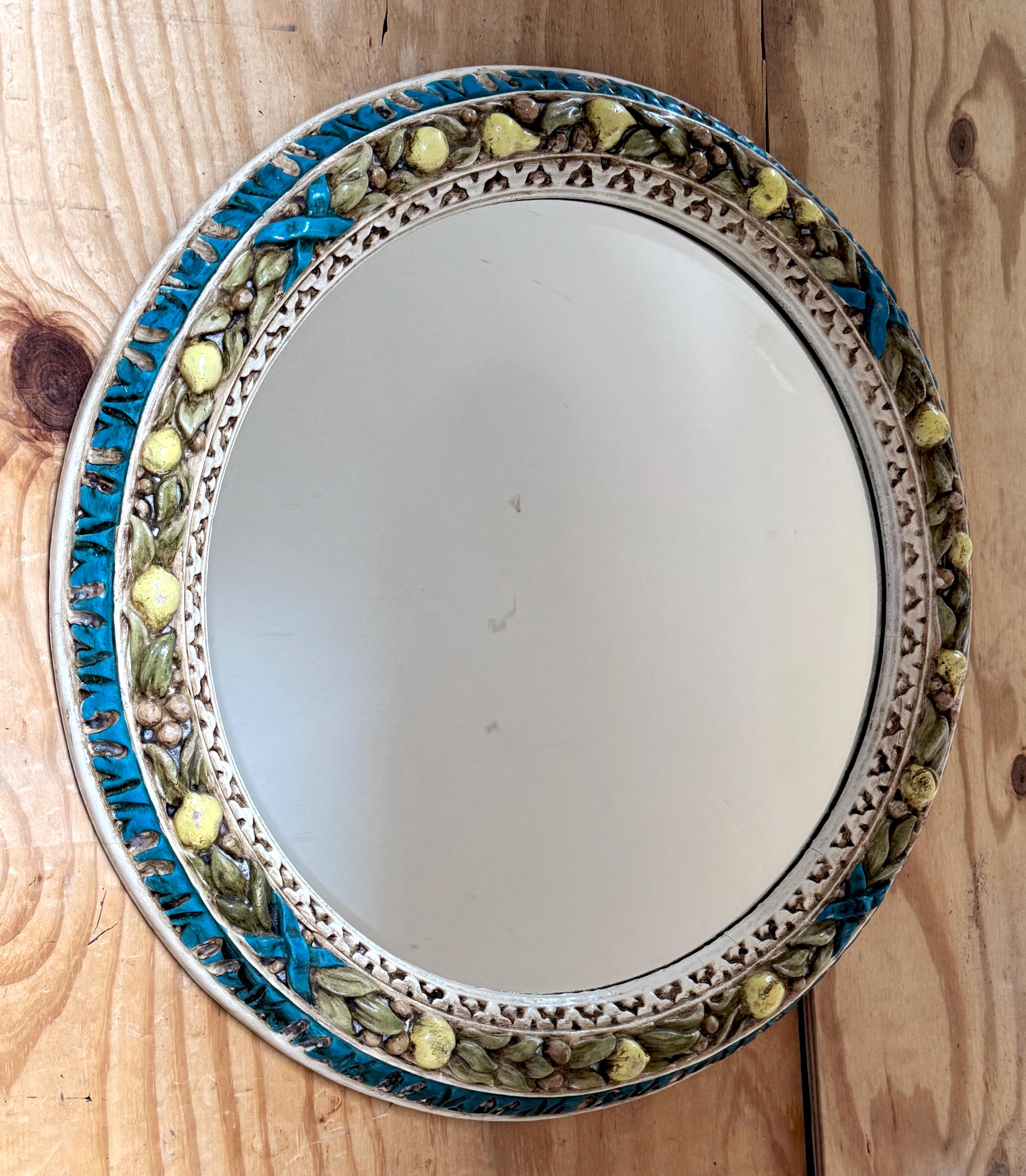 Neoclassical Finely Carved Round Florentine Polychromed & Gilt Lemon, Laurel Wood Mirror For Sale