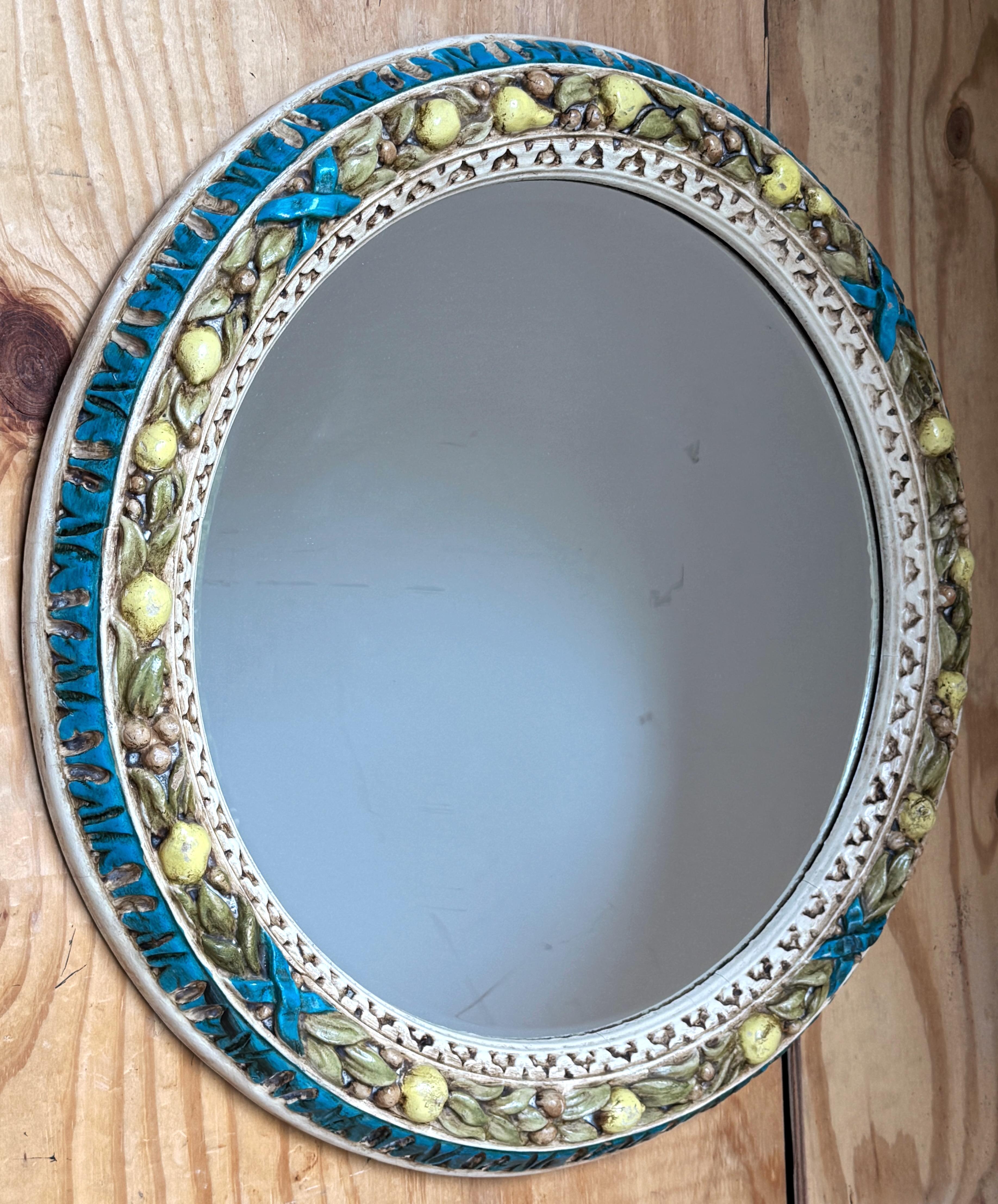 Hand-Carved Finely Carved Round Florentine Polychromed & Gilt Lemon, Laurel Wood Mirror For Sale