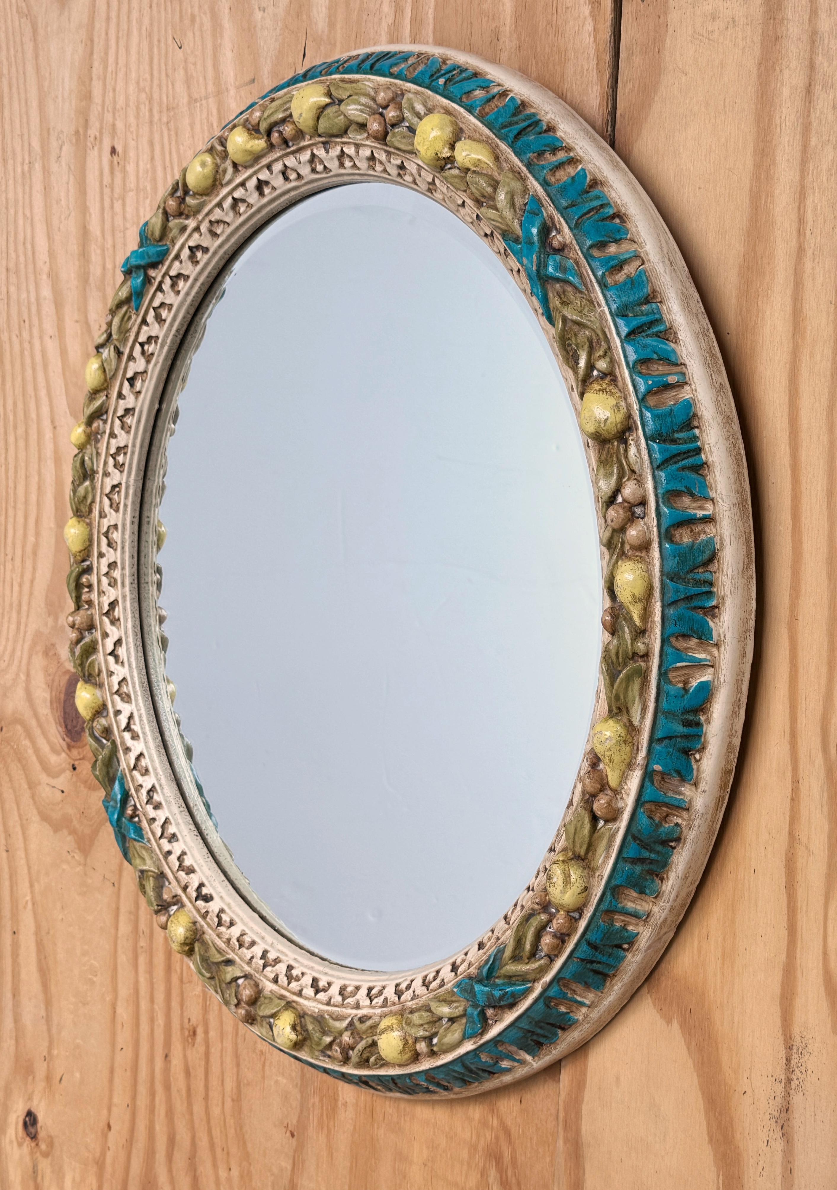 Finely Carved Round Florentine Polychromed & Gilt Lemon, Laurel Wood Mirror For Sale 2