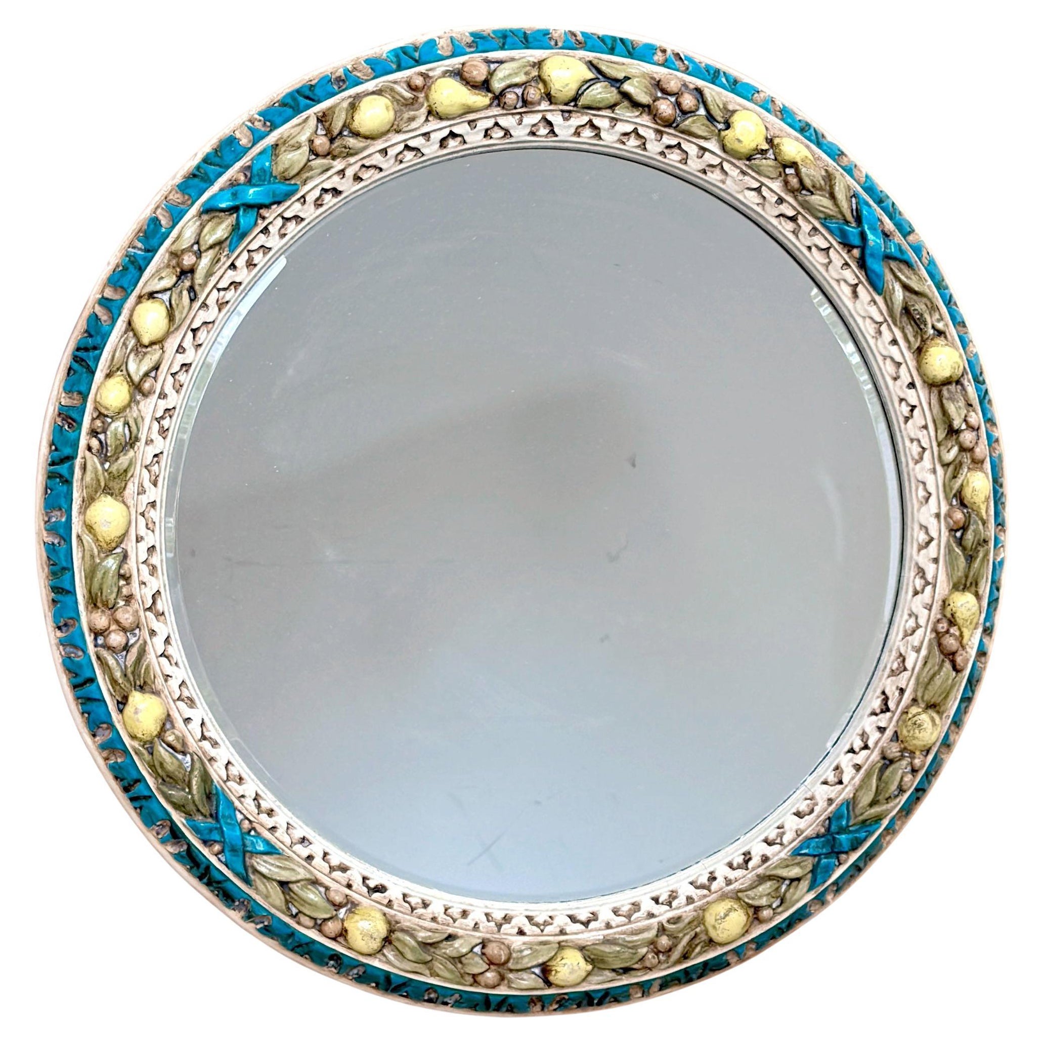 Finely Carved Round Florentine Polychromed & Gilt Lemon, Laurel Wood Mirror