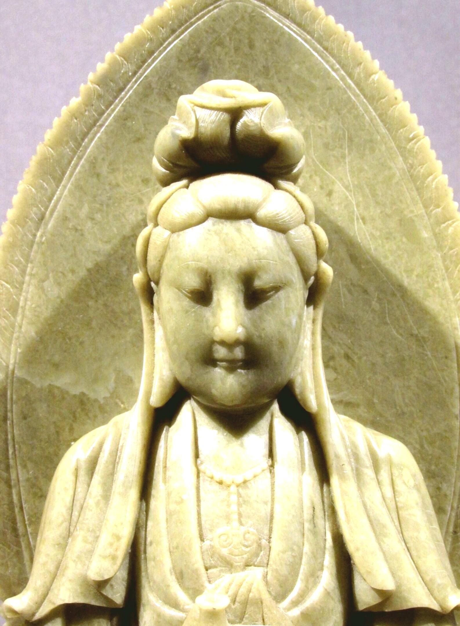 In Indian Buddhism, Avalokiteshvara is a male Bodhisattva, however in Chinese Buddhism he takes the form of the female Bodhisattva, Guanyin - ‘The One Who Hears the Cries of the World’, also known as The 'Goddess of Compassion'. 
Shown here in a