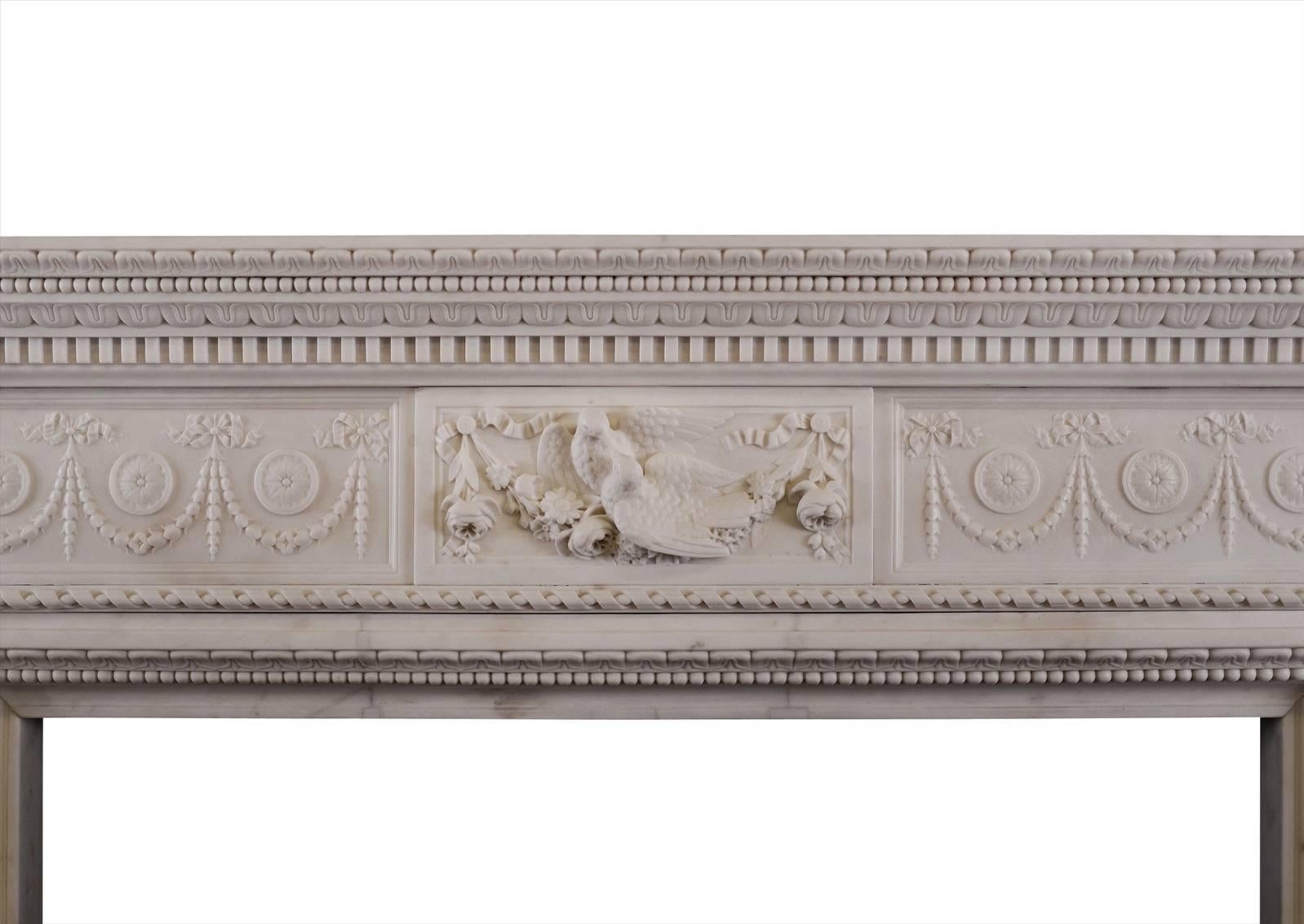 Georgian Finely Carved Statuary Marble Fireplace with Birds to Centre Block For Sale