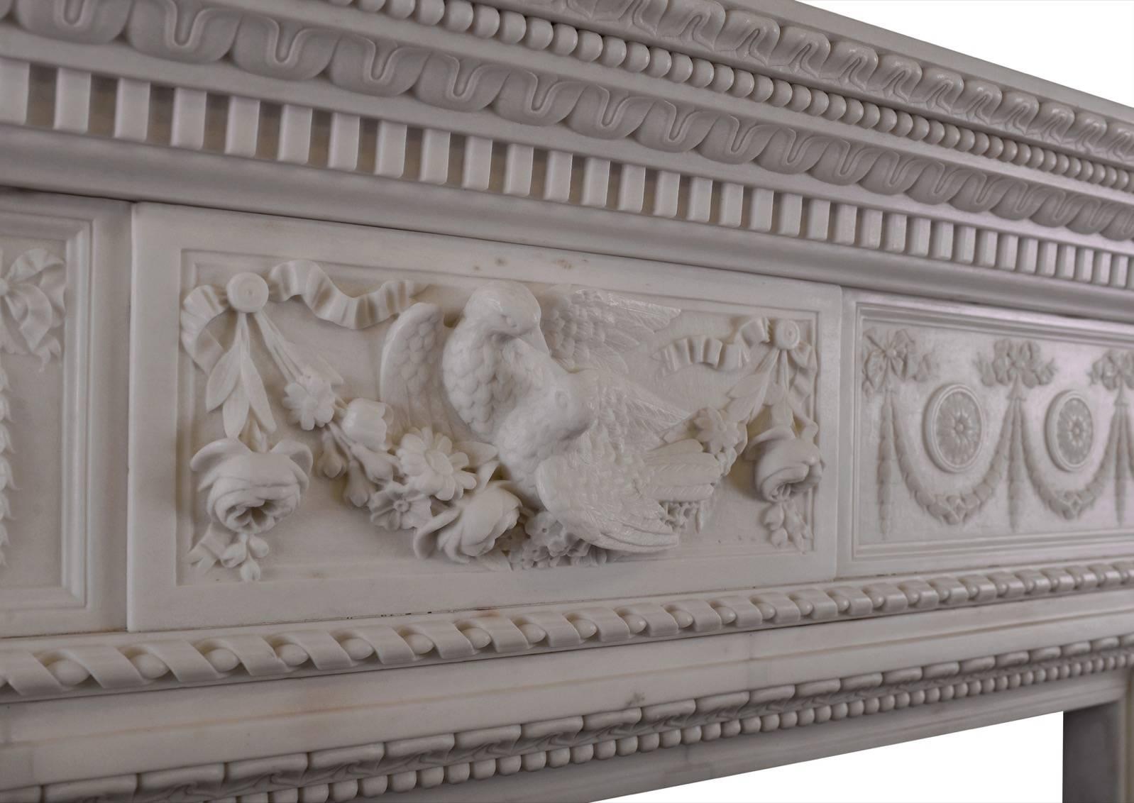 British Finely Carved Statuary Marble Fireplace with Birds to Centre Block For Sale