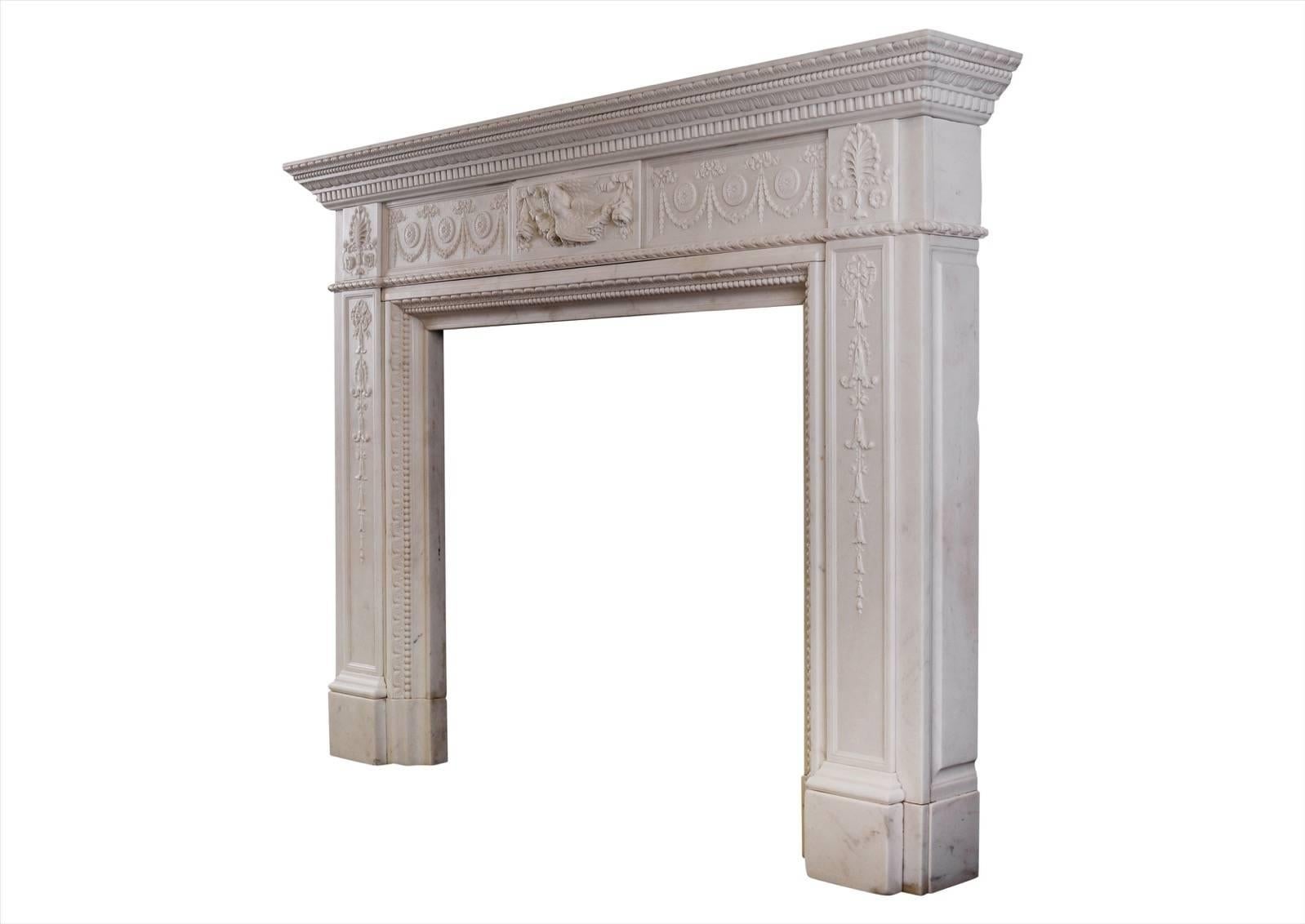 Finely Carved Statuary Marble Fireplace with Birds to Centre Block For Sale 2