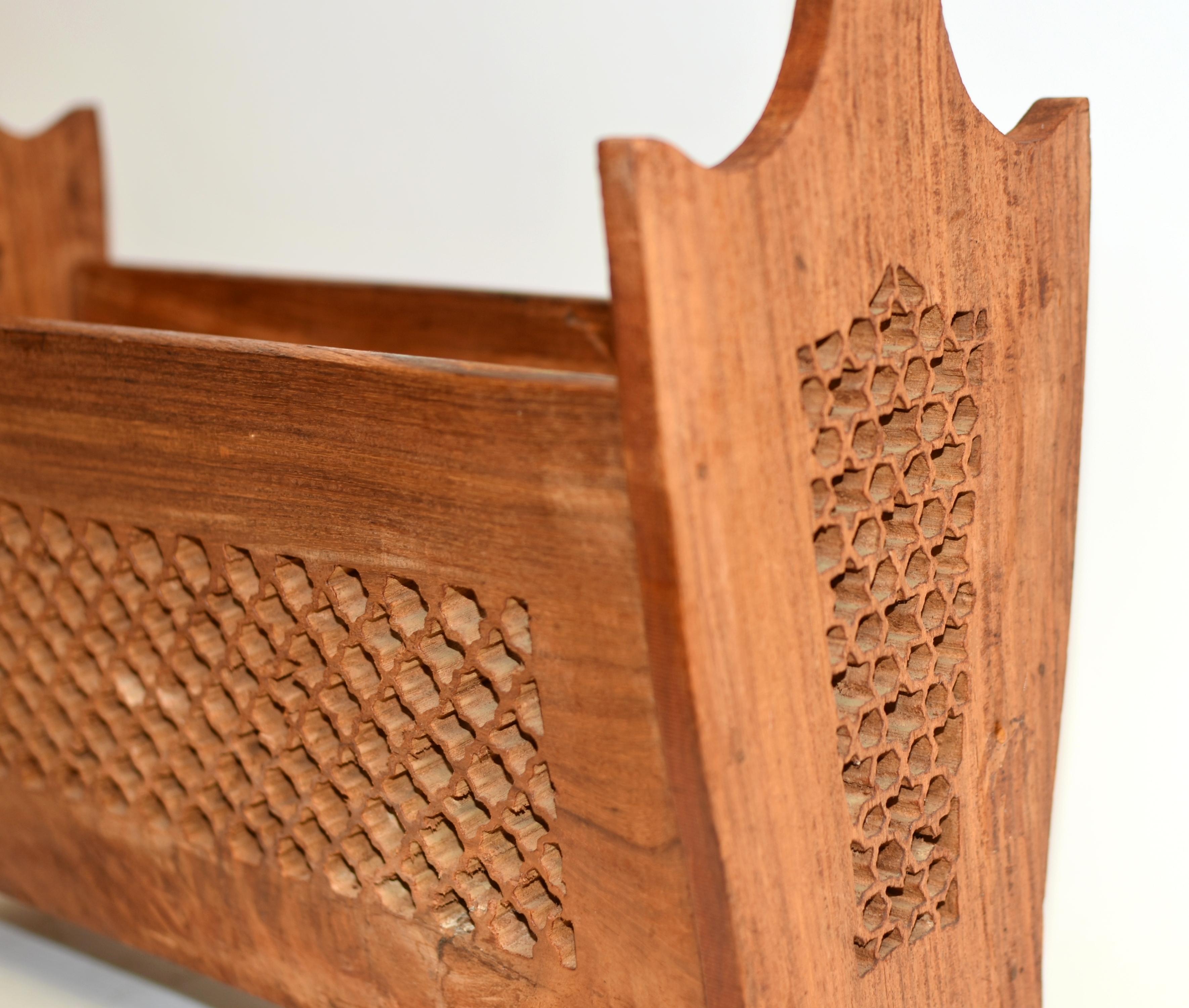 Indian Finely Carved Teak Wood Magazine Rack For Sale