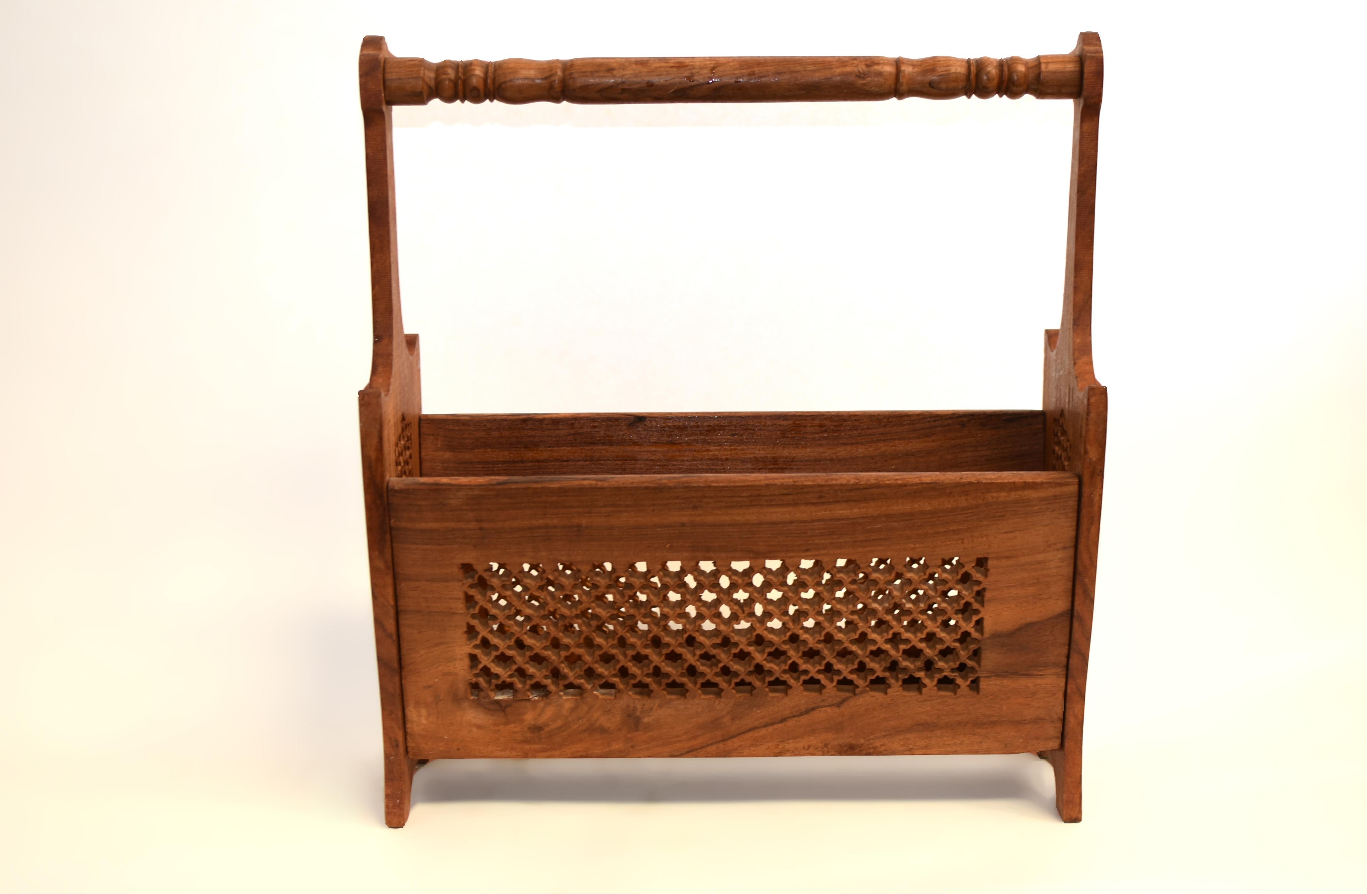 Finely Carved Teak Wood Magazine Rack For Sale 1