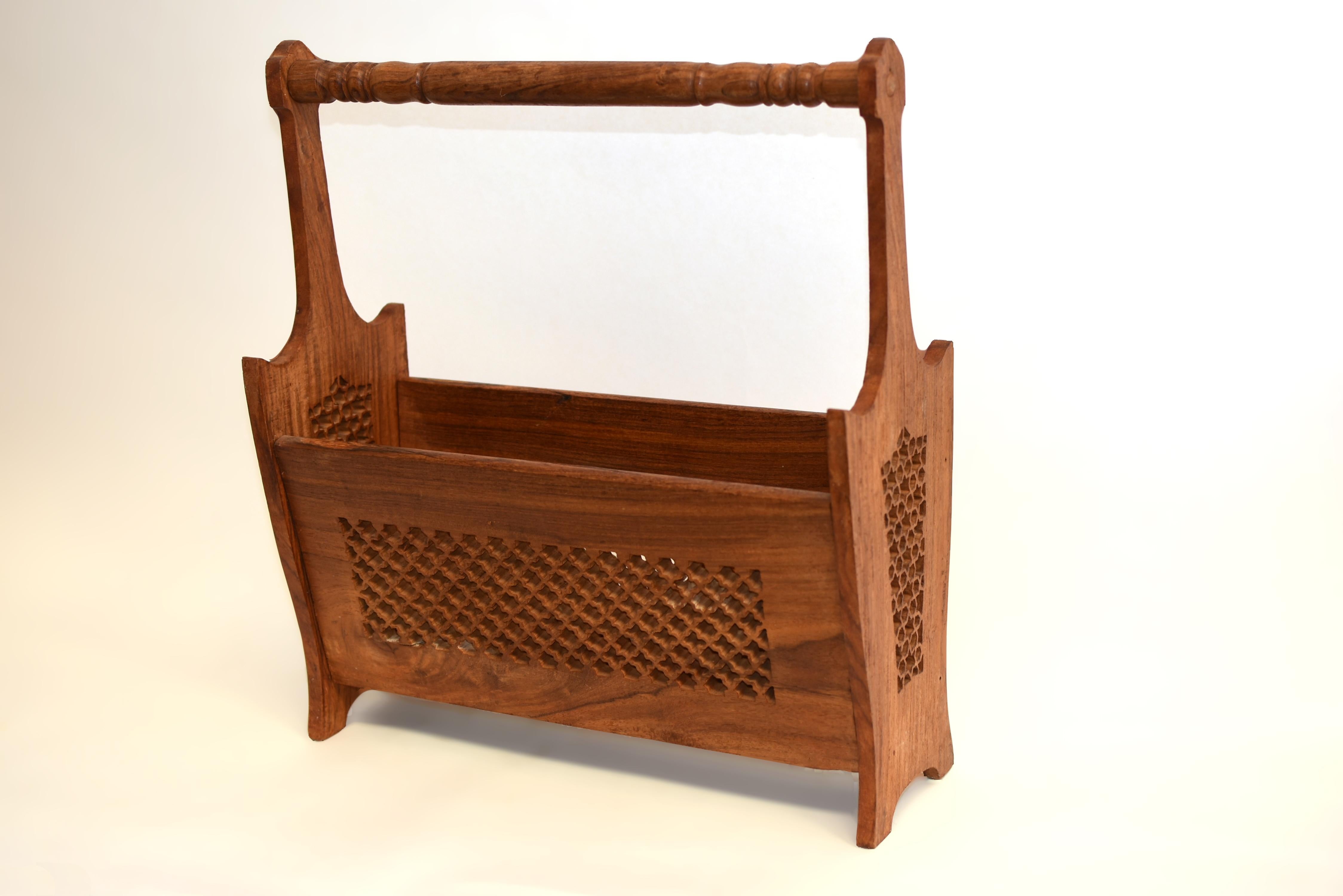 Finely Carved Teak Wood Magazine Rack For Sale 2