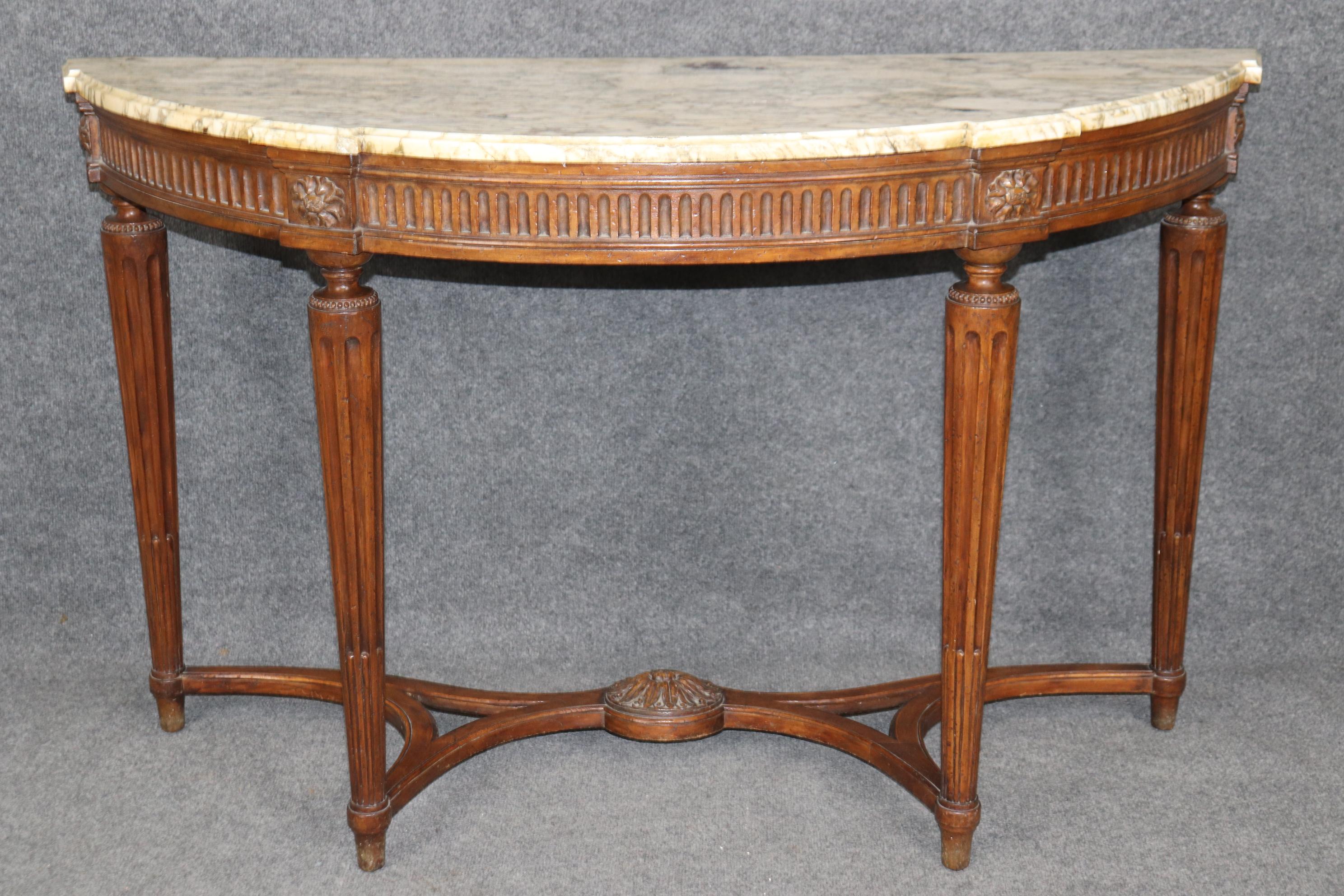 Breccia Marble Finely Carved Walnut Demilune French Louis XVI Breche D' Violette Console Table For Sale