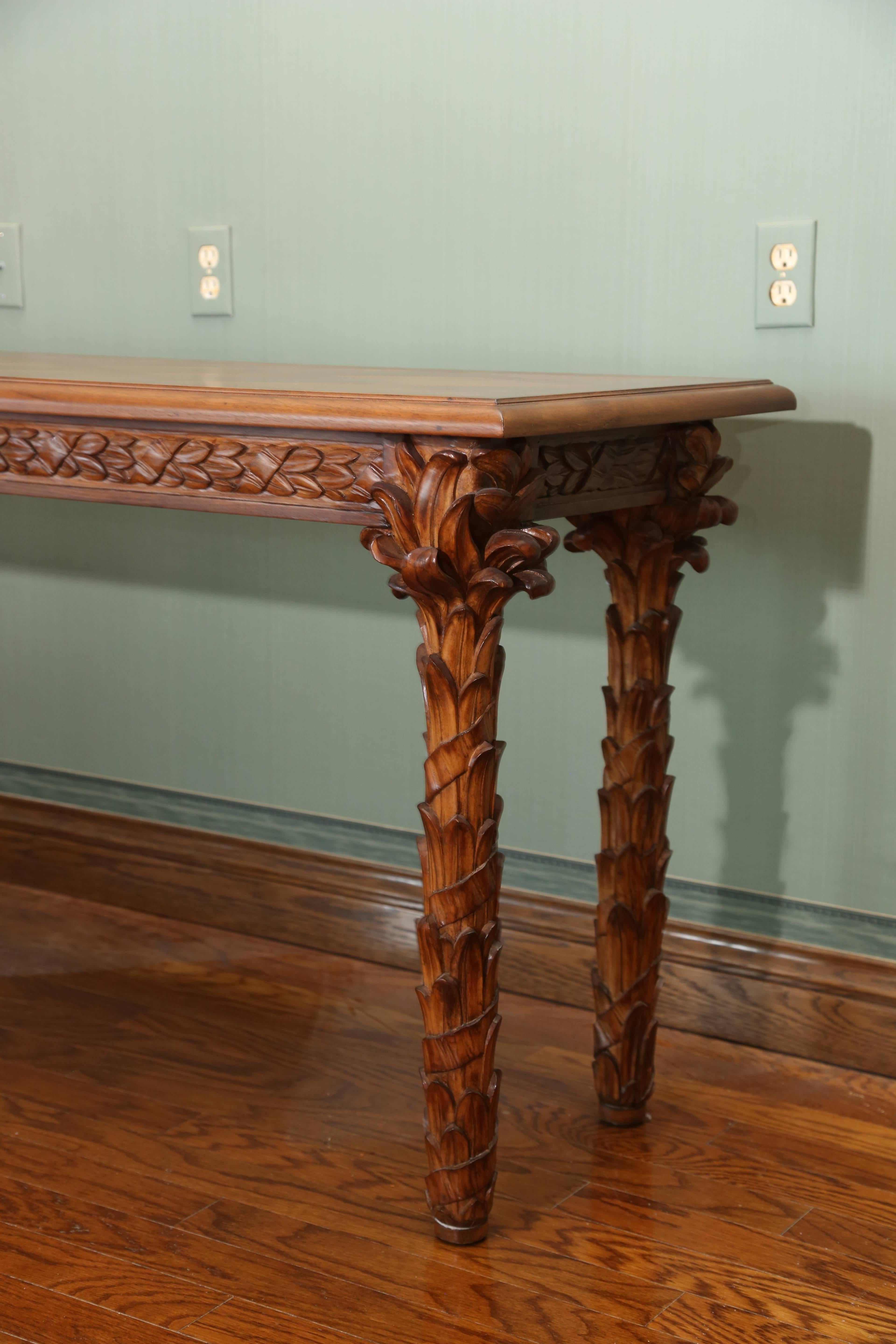 Hollywood Regency Finely Carved Walnut Palm Tree Console Table