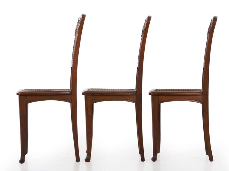 Finely Carved Walnut Set of Six French Art Nouveau Dining Chairs For Sale 9