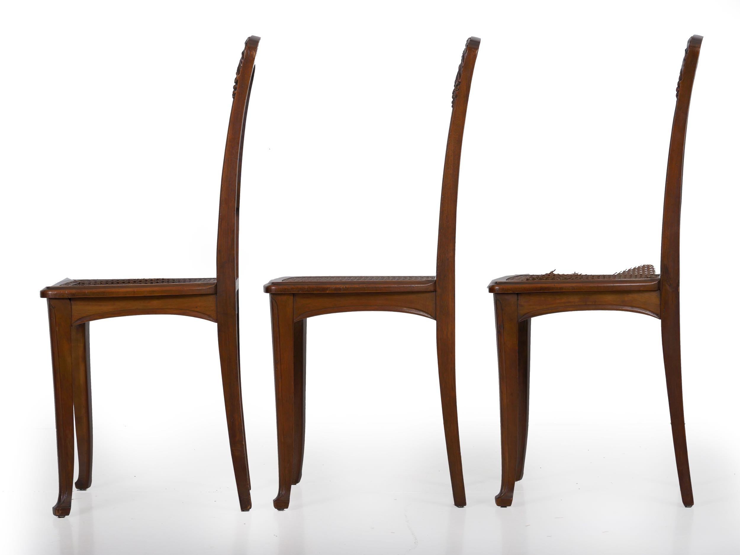 20th Century Finely Carved Walnut Set of Six French Art Nouveau Dining Chairs