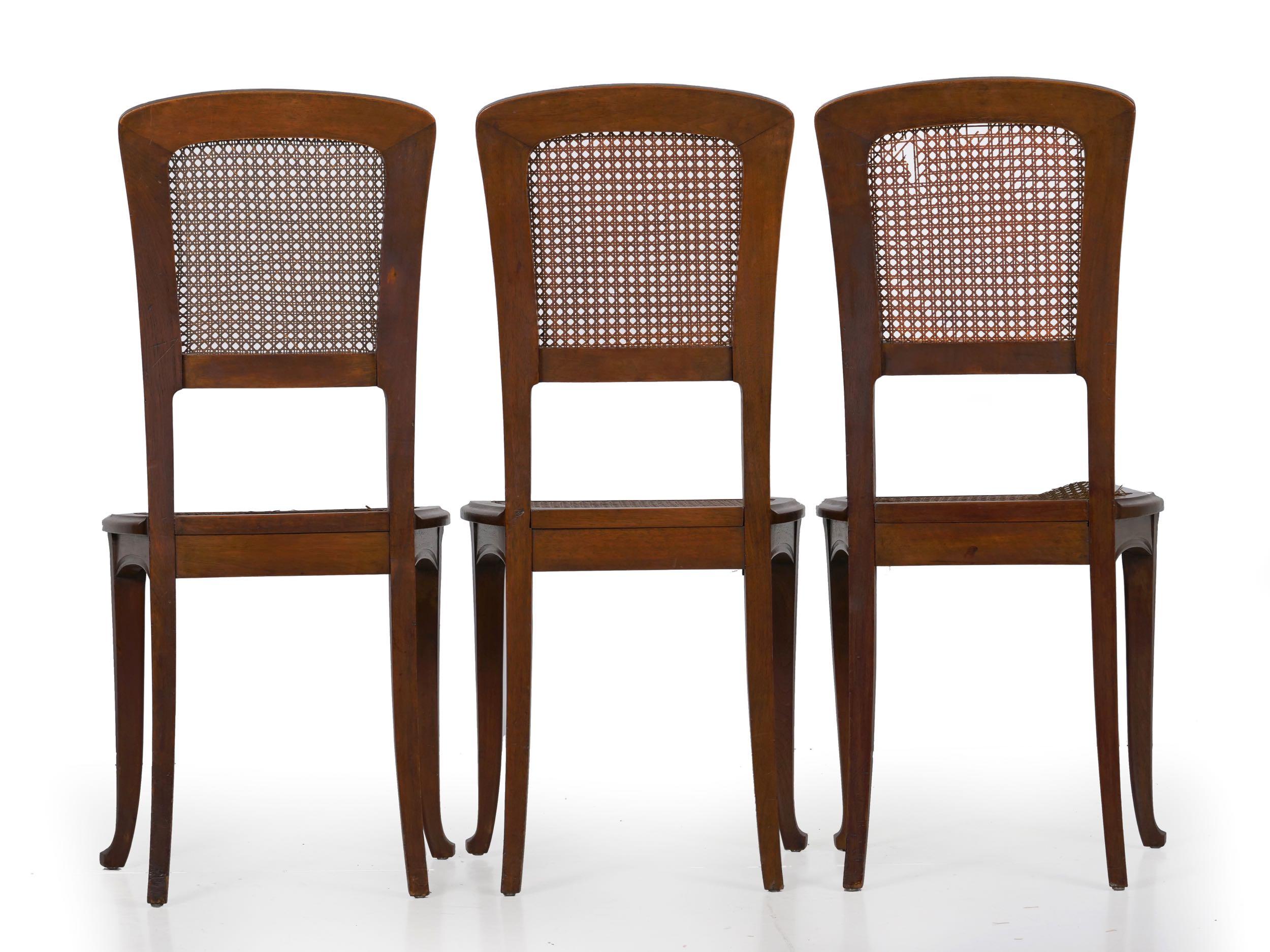 Cane Finely Carved Walnut Set of Six French Art Nouveau Dining Chairs
