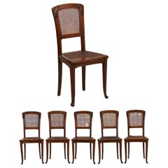 Finely Carved Walnut Set of Six French Art Nouveau Dining Chairs
